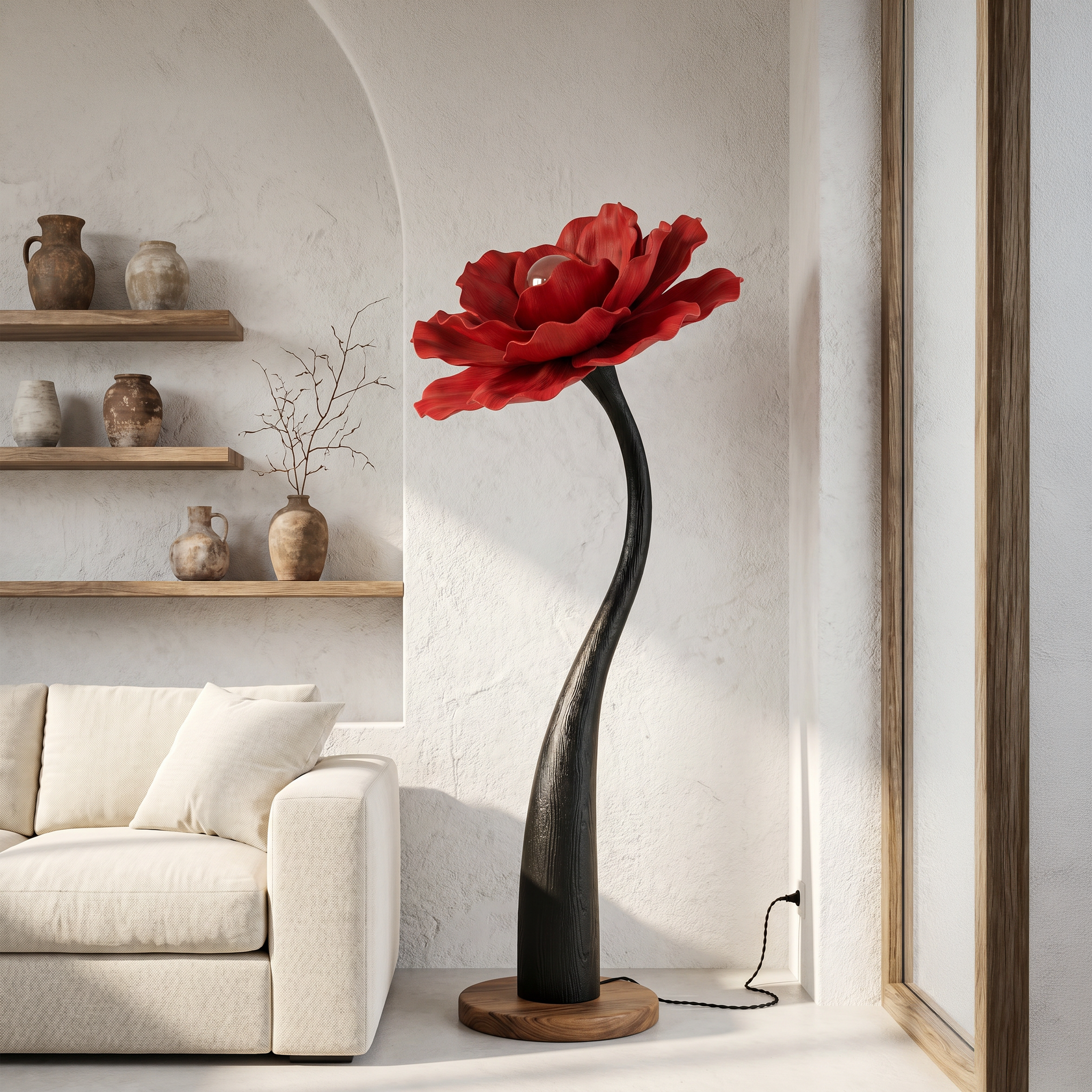 Sculptural Floor Lamp With Curved Stem And Floral Shade For Living Room SINLSAFLP125