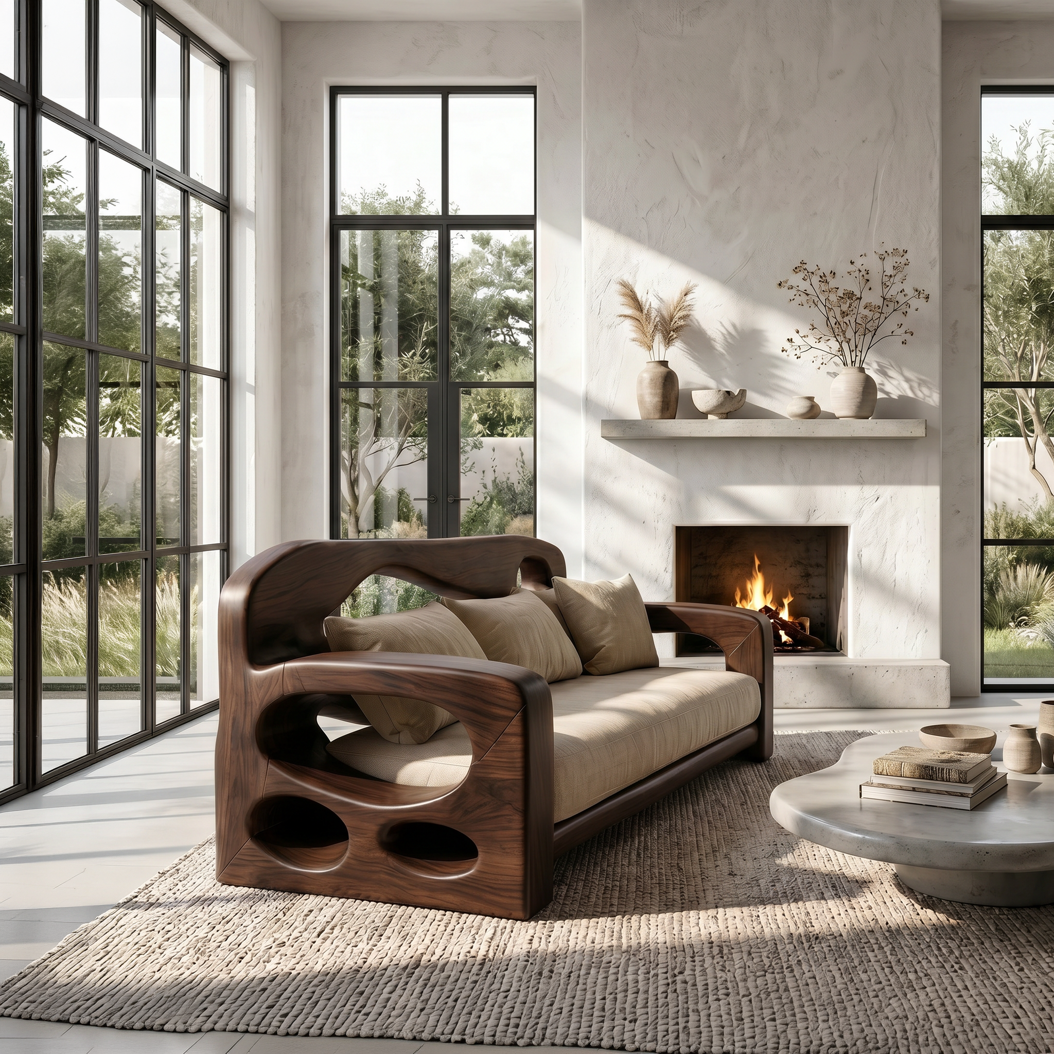 Modern Sofa Frame With Sculptural Solid Wood Armrests For Living Room SINLSASF029