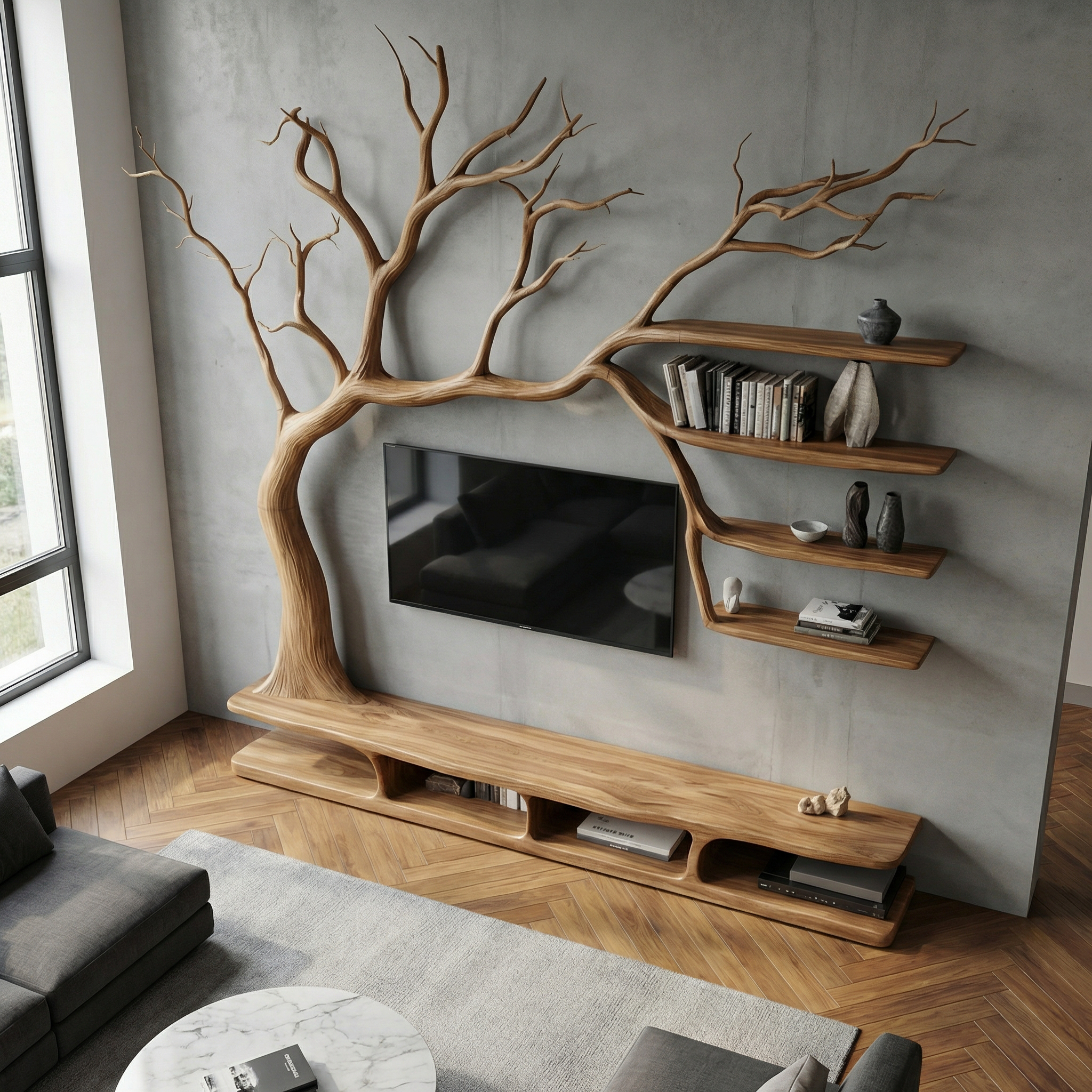 Rustic Artistic Tree TV Cabinet For Living Room And Entertainment Area SINLSATB704