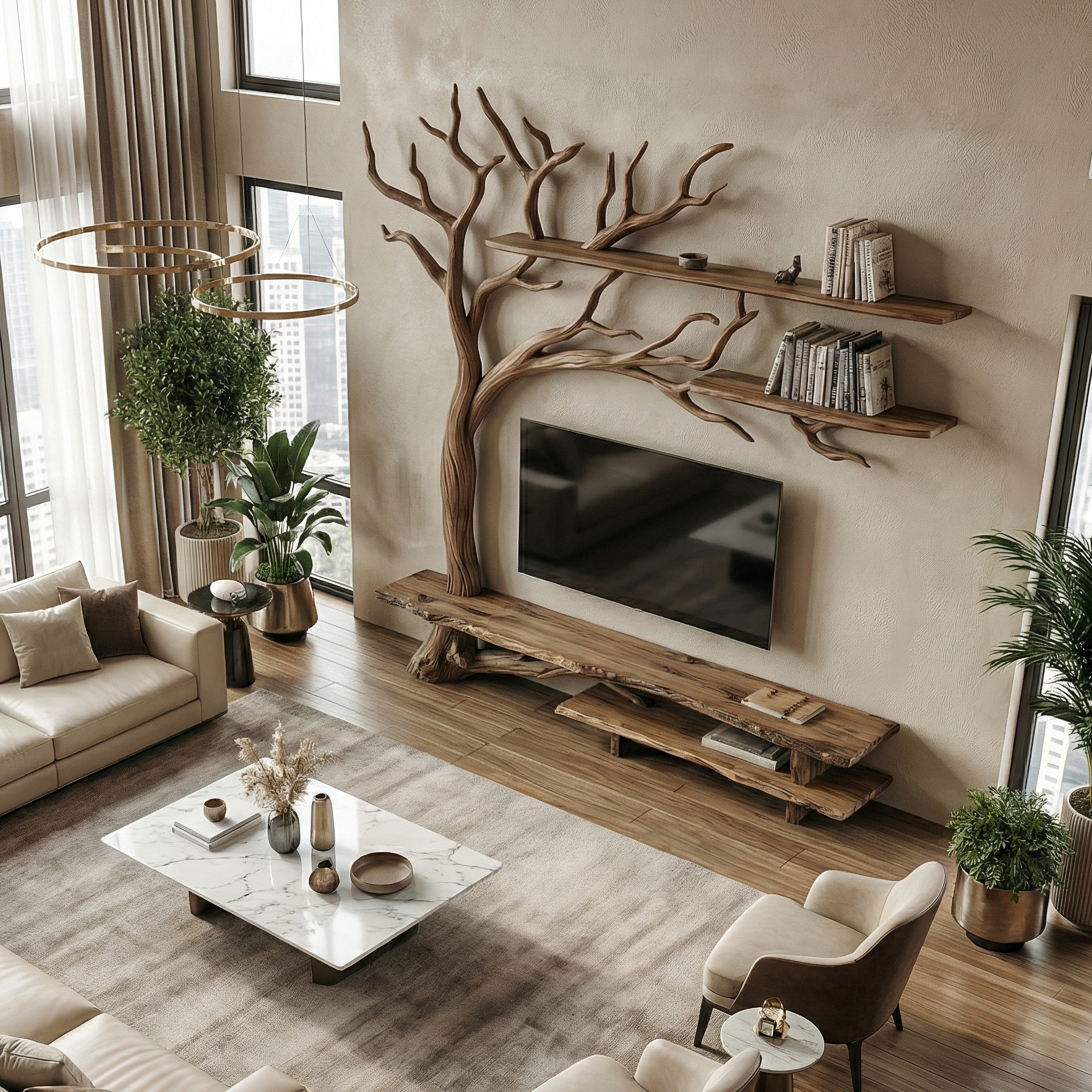 Rustic Tree Wall TV Stand System For Living Room And Media Space SINLSATB705