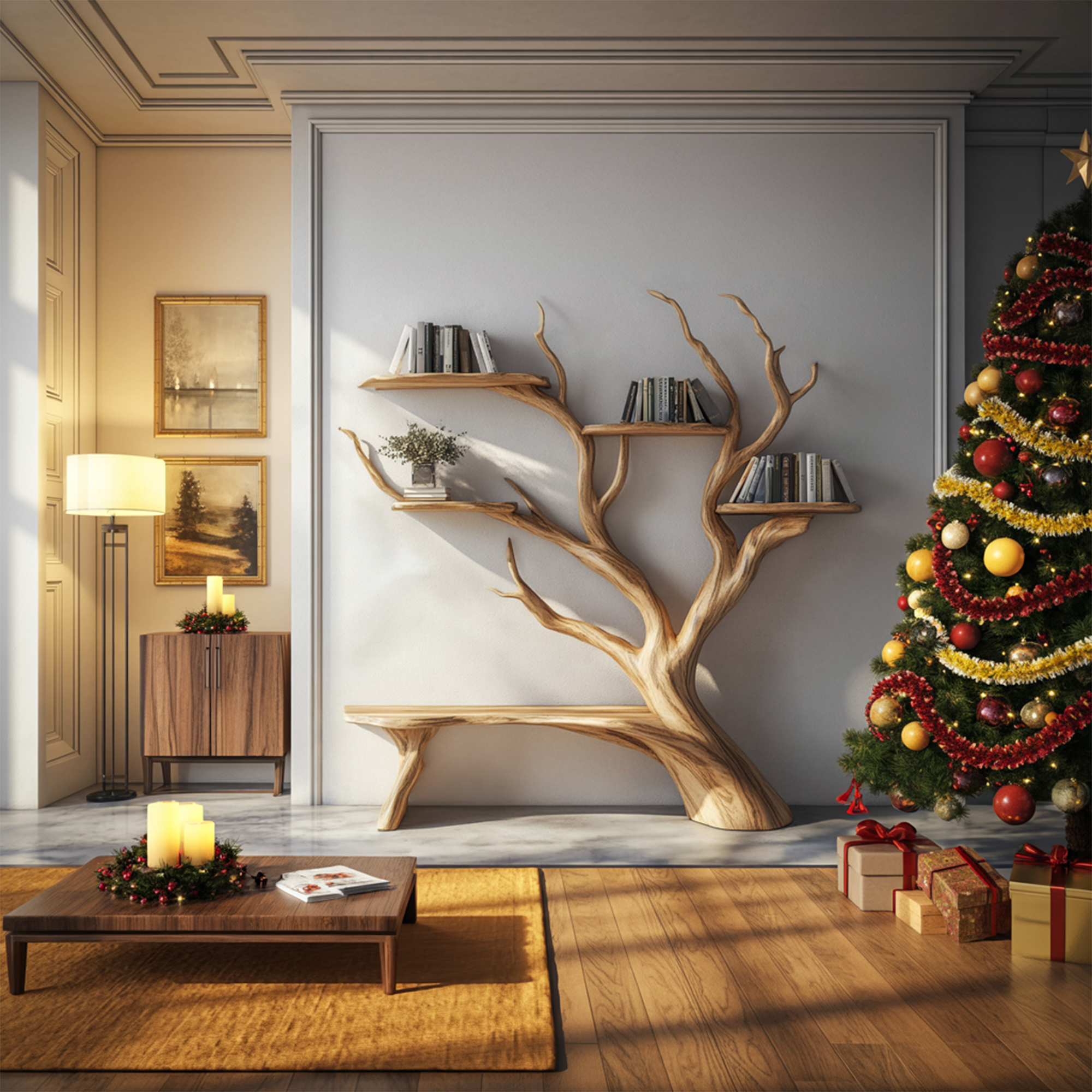 Rustic Tree Bookshelf Bench Christmas Living Room Decor SINLKITB582