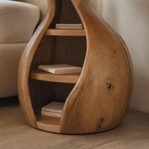 Artistic Wooden Bedside Table With Curved Design And Shelves For Bedroom SITHTTSTA014