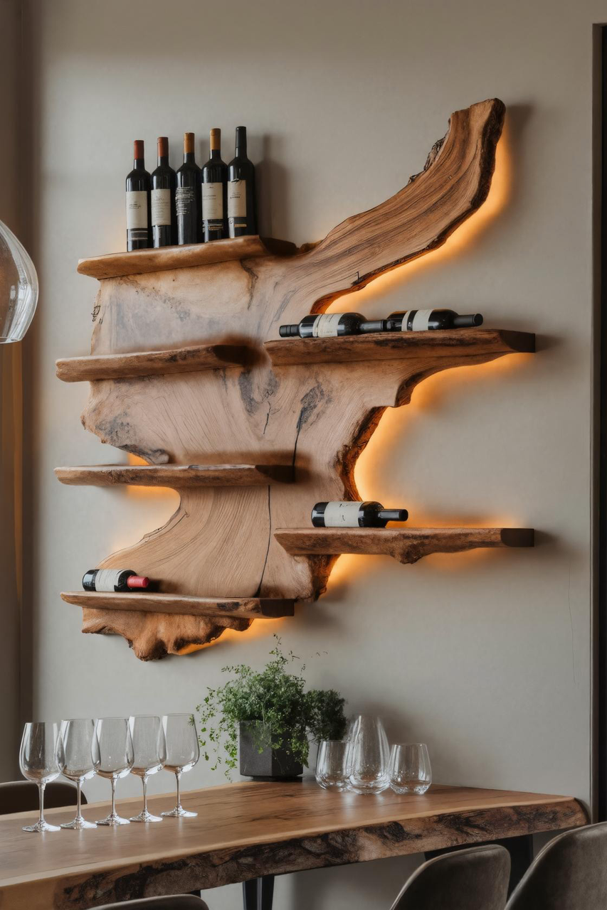 Rustic Live Edge Wine Rack Shelf With LED For Bar SITHHNFL015