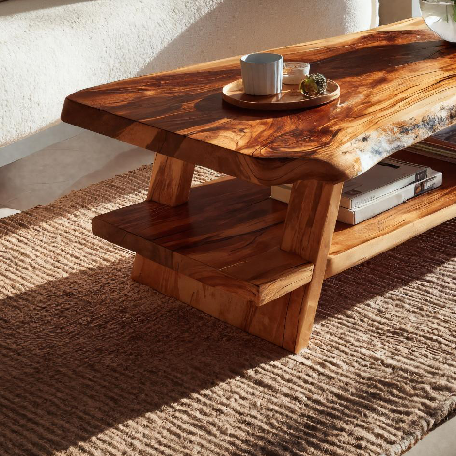 Handcrafted Coffee Table Live Edge And Lower Shelf For Living RTTHTTCF031