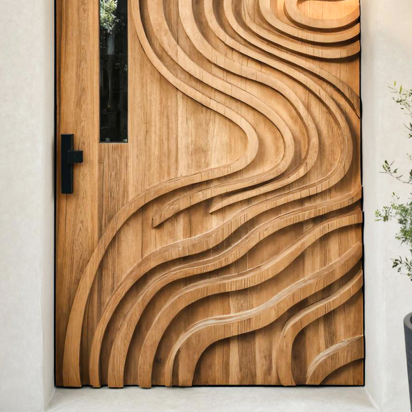 Contemporary Arched Wooden Front Door With Carved Design For Villa Or Modern Entryway SITHTTDOR018