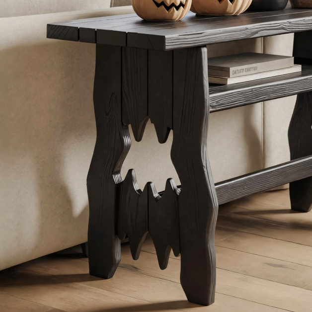 Rustic Black Wooden Console Table With Bat Cut Out Legs Halloween Decor SITHTTHW001