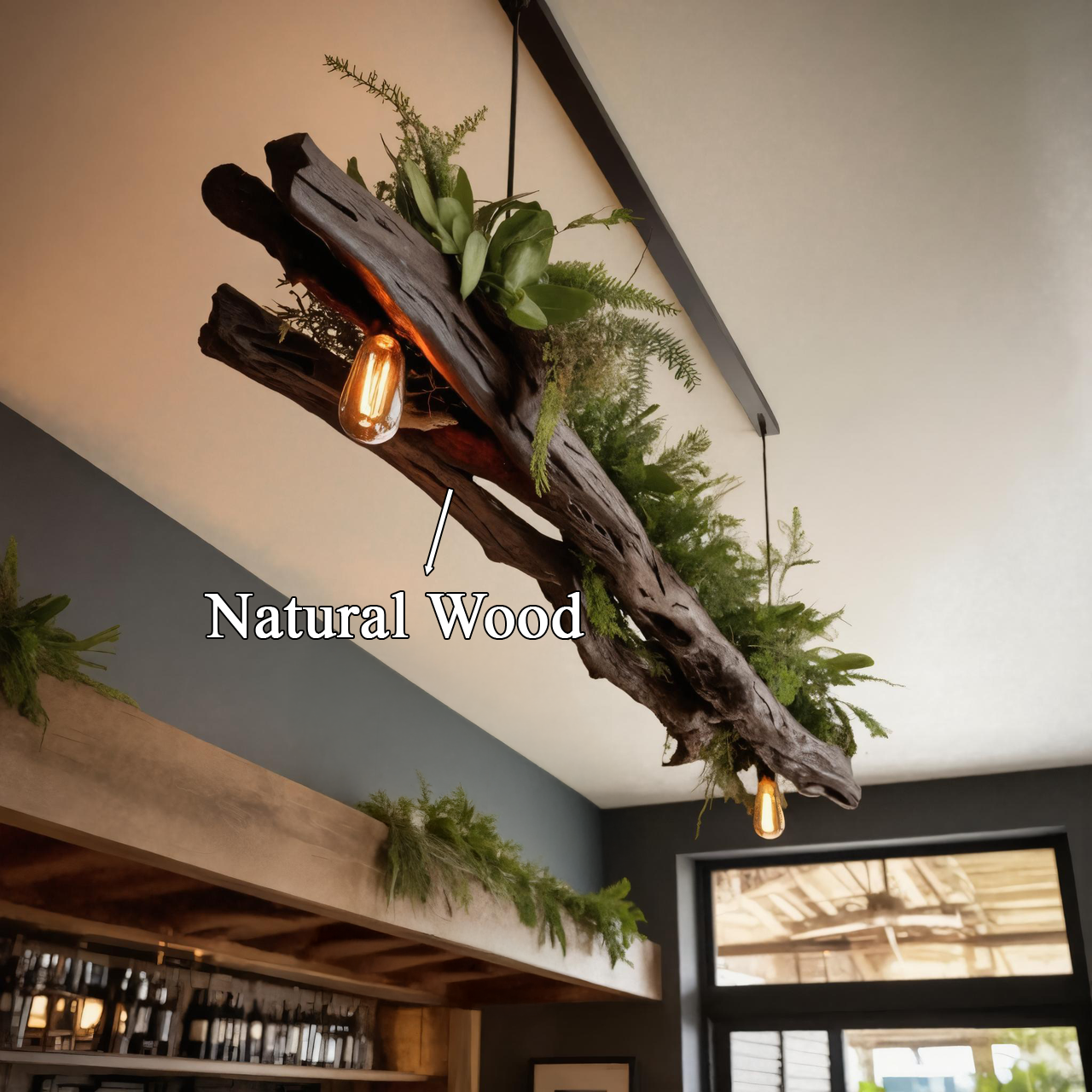 Rustic Driftwood Ceiling Light With Edison Bulbs And Greenery For Kitchen Or Living Room SITHTTLAM007
