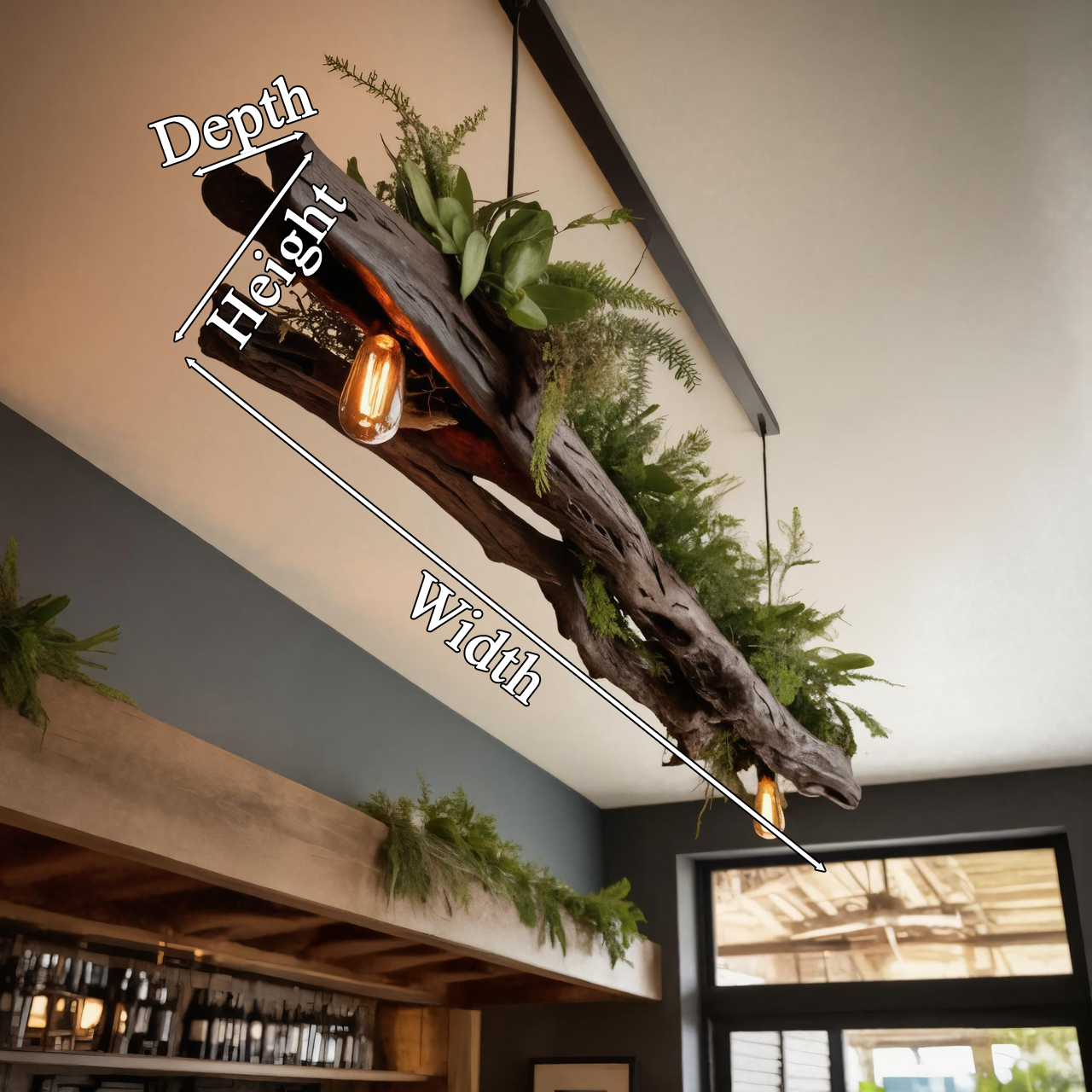 Rustic Driftwood Ceiling Light With Edison Bulbs And Greenery For Kitchen Or Living Room SITHTTLAM007