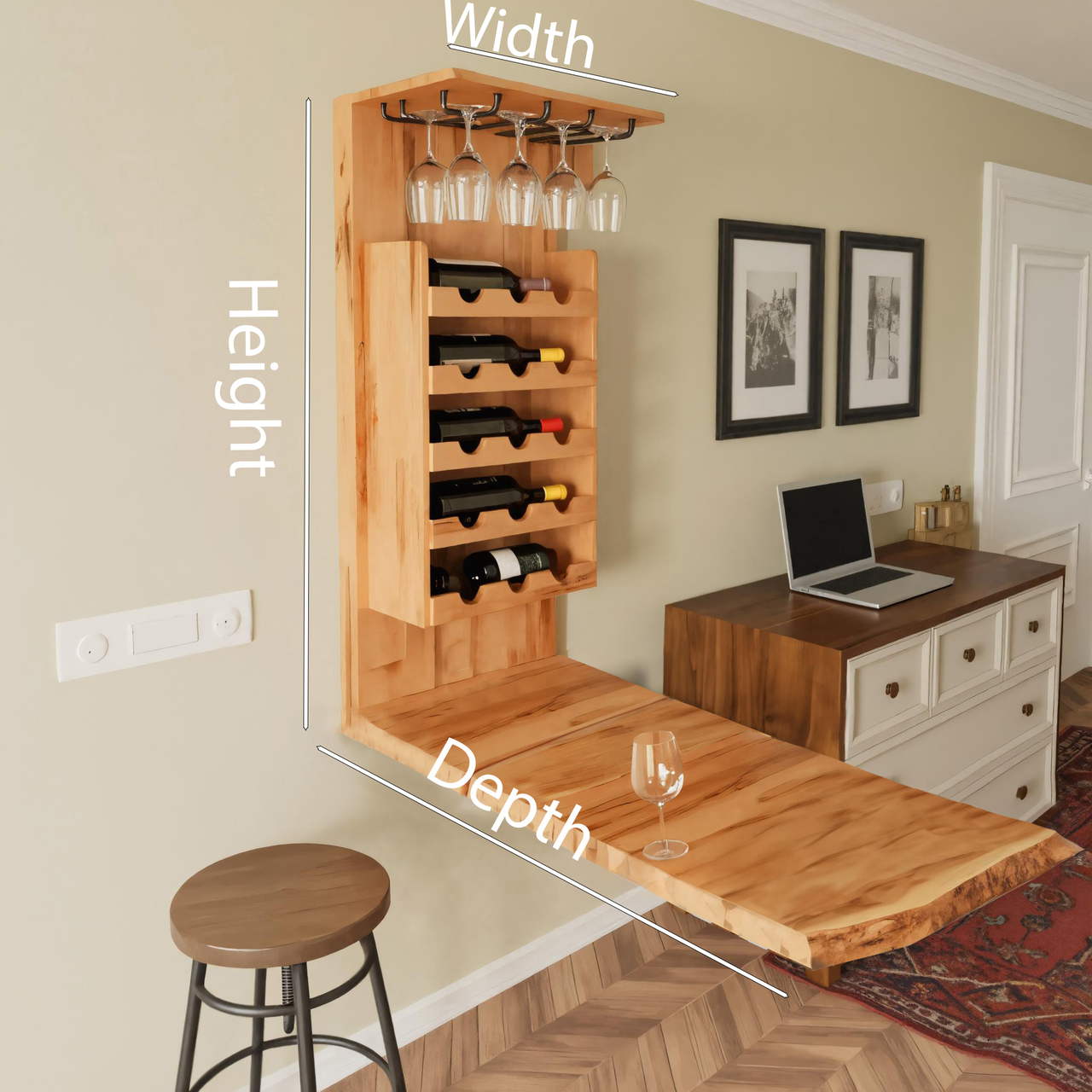 Wall Mounted Wine Rack With Folding Live Edge Table For Kitchen Or Bar SITHHNFL010