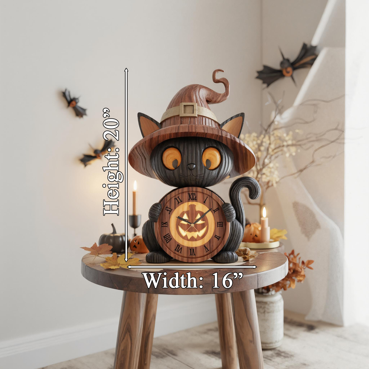Wooden Black Cat Witch Clock with Pumpkin Face For Halloween Tabletop Or Mantel Decoration SITHTTHW002