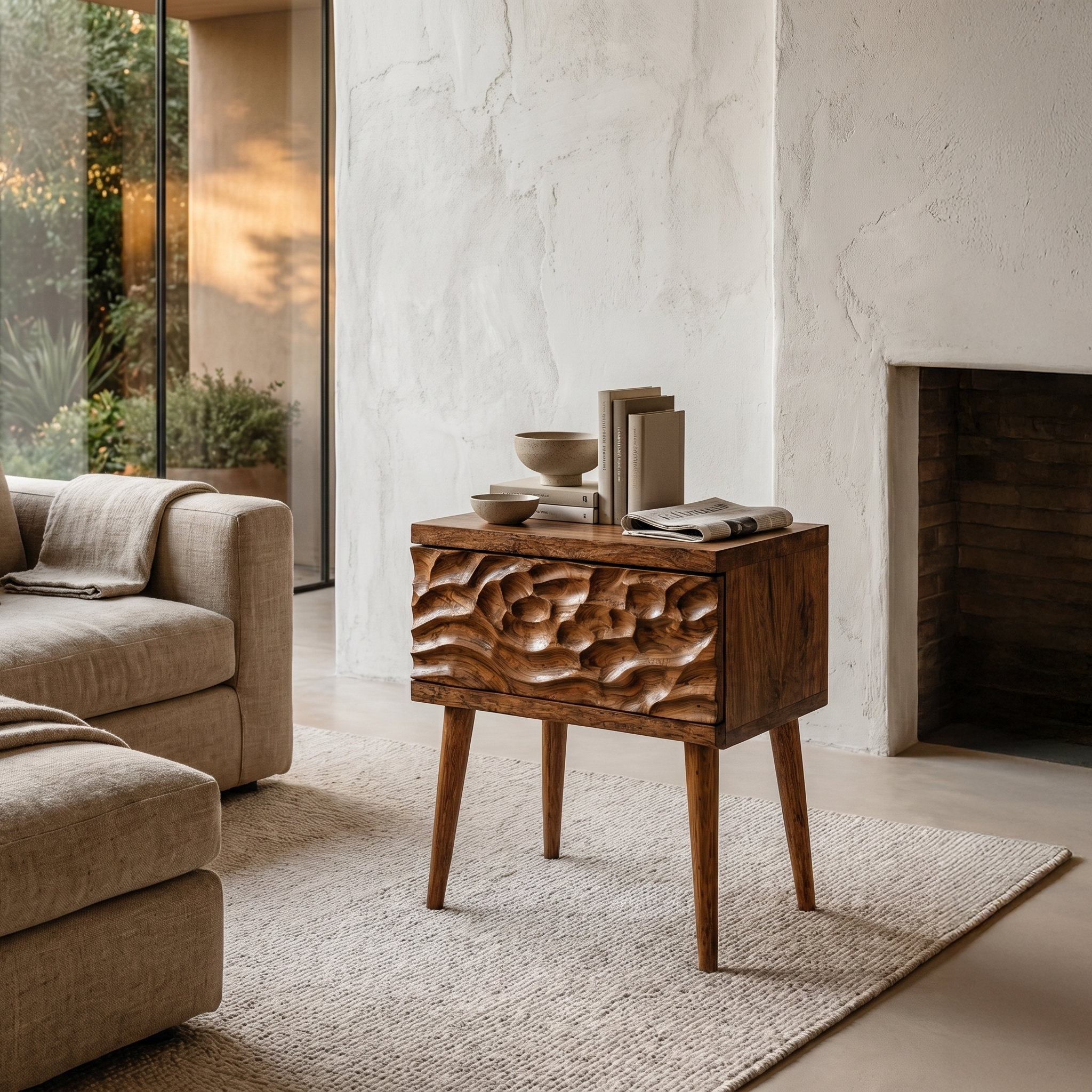 Mid Century Modern Side Table With Carved Wood Drawer And Open Shelf For Living Room And Bedroom SINLHABT256