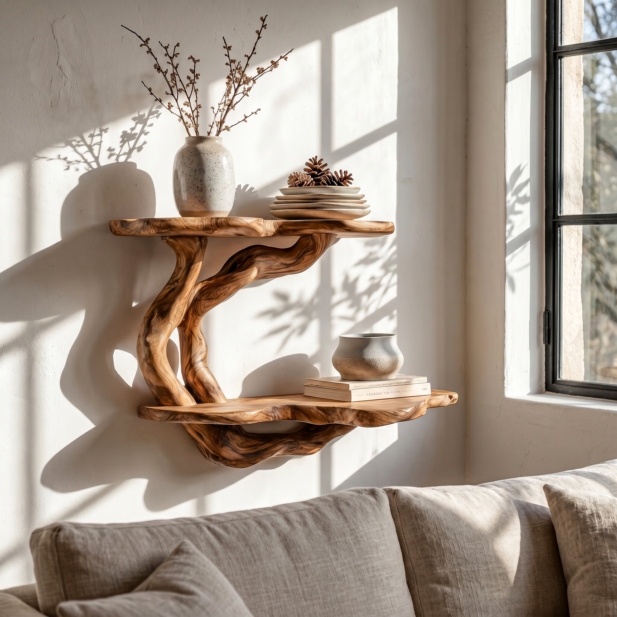 Handcrafted Floating Shelf With Sculptural Tree Form For Living Room Decor SINLHAFL555