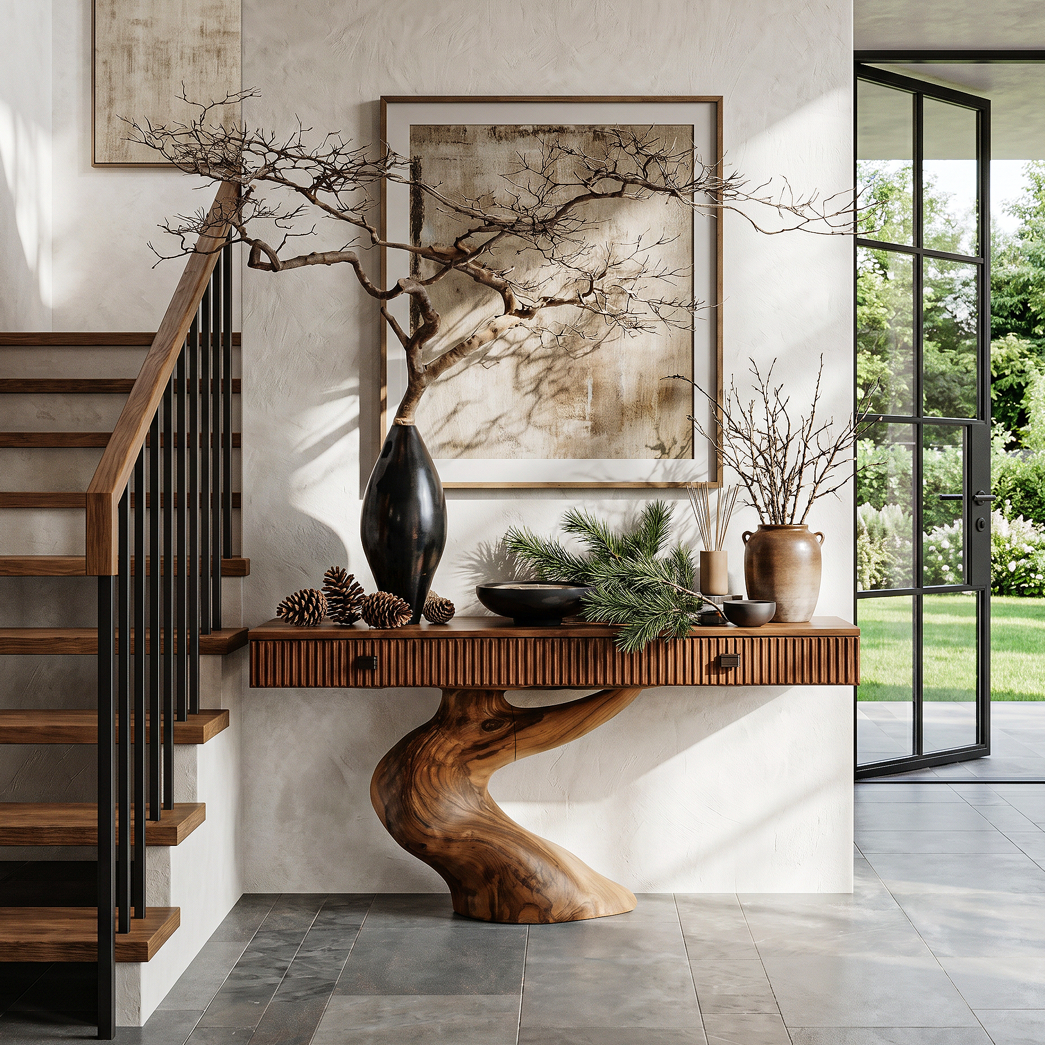 Rustic Console Table With Integrated Drawers And Artistic Tree Root Pedestal For Living Room SINLHACS659