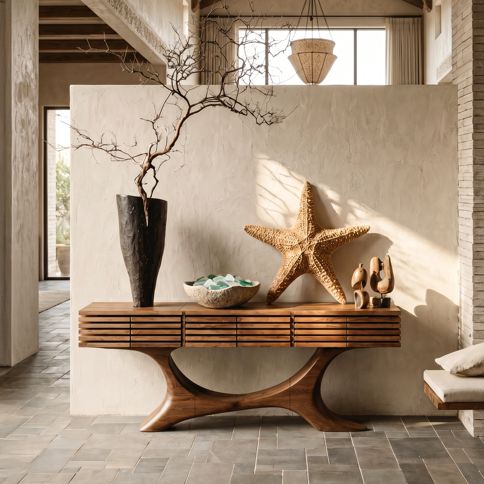 Contemporary Console Table With Curved Tree Trunk Base And Built In Storage Drawers For Living Room SINLHACS661