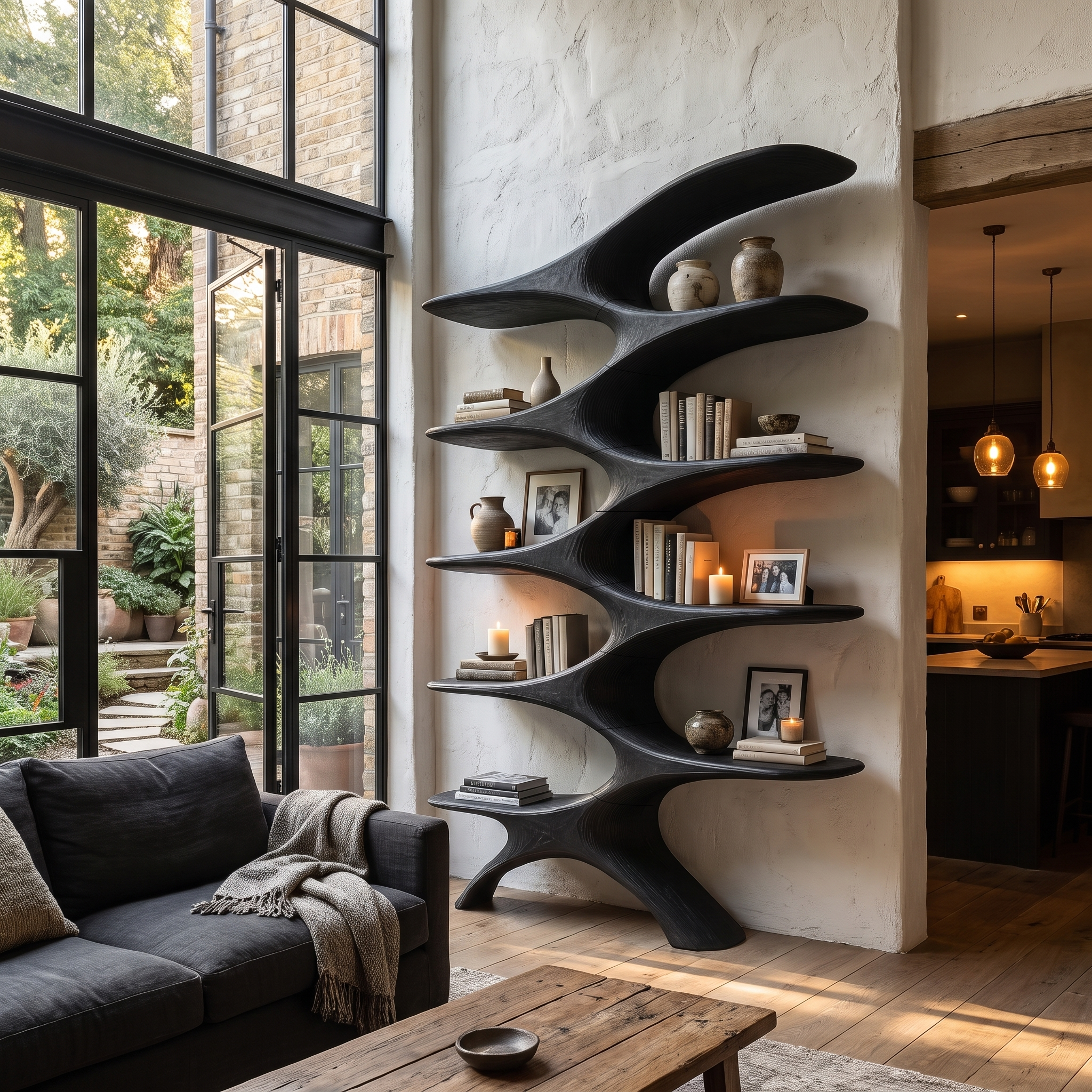 Sculptural Wall Bookcase With Organic Multi Tier Shelves For Living Room SINLHABS050