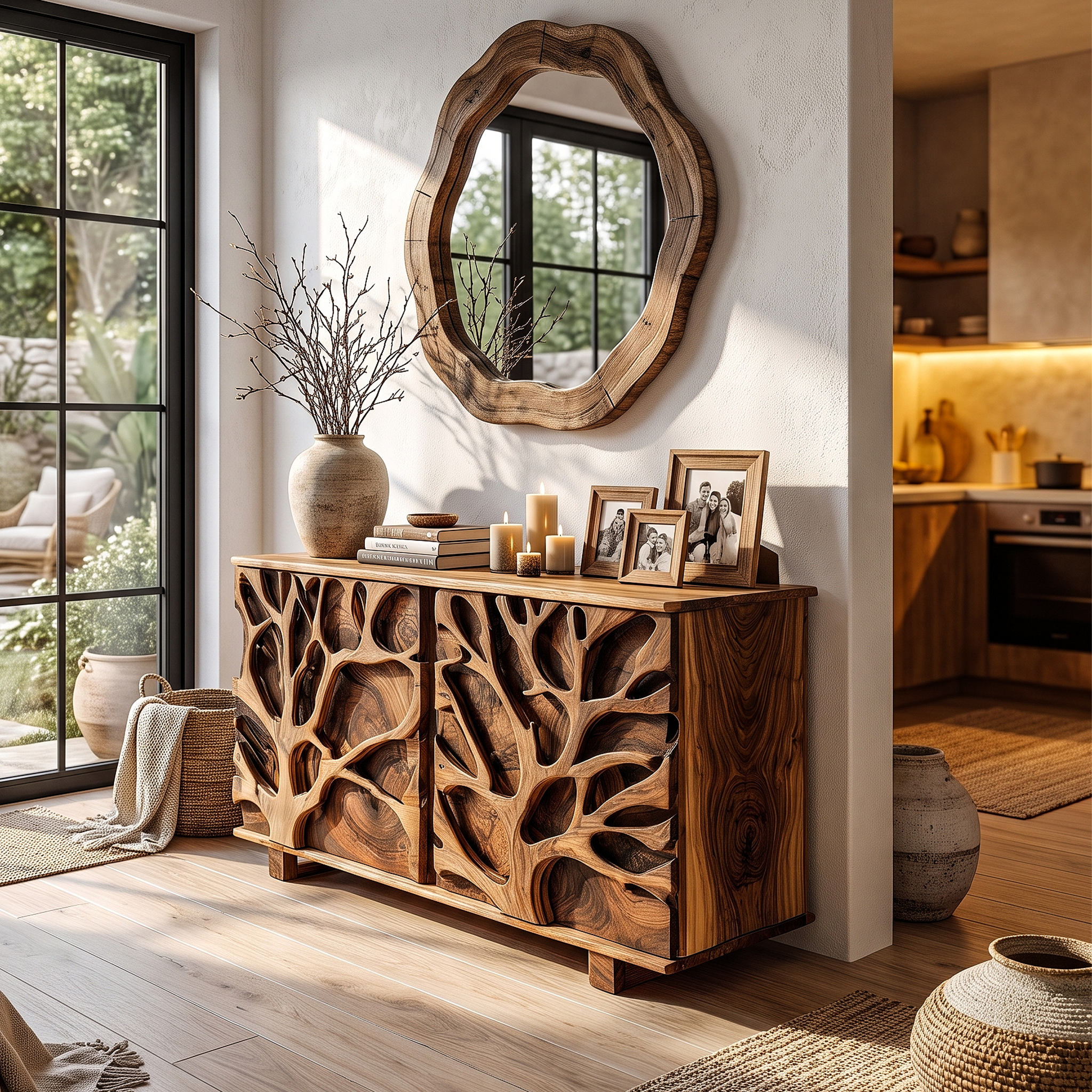 Nature Inspired Storage Cabinet With Hand Carved Wood Design For Entryway SINLHASC538
