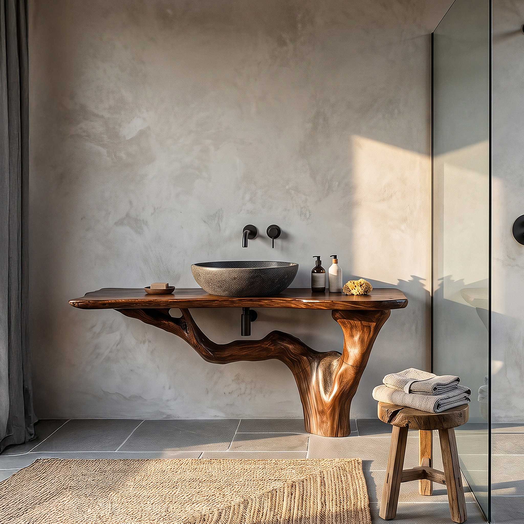 Handcrafted Bathroom Vanity With Tree Trunk Design For Powder Room SINLHABRV318