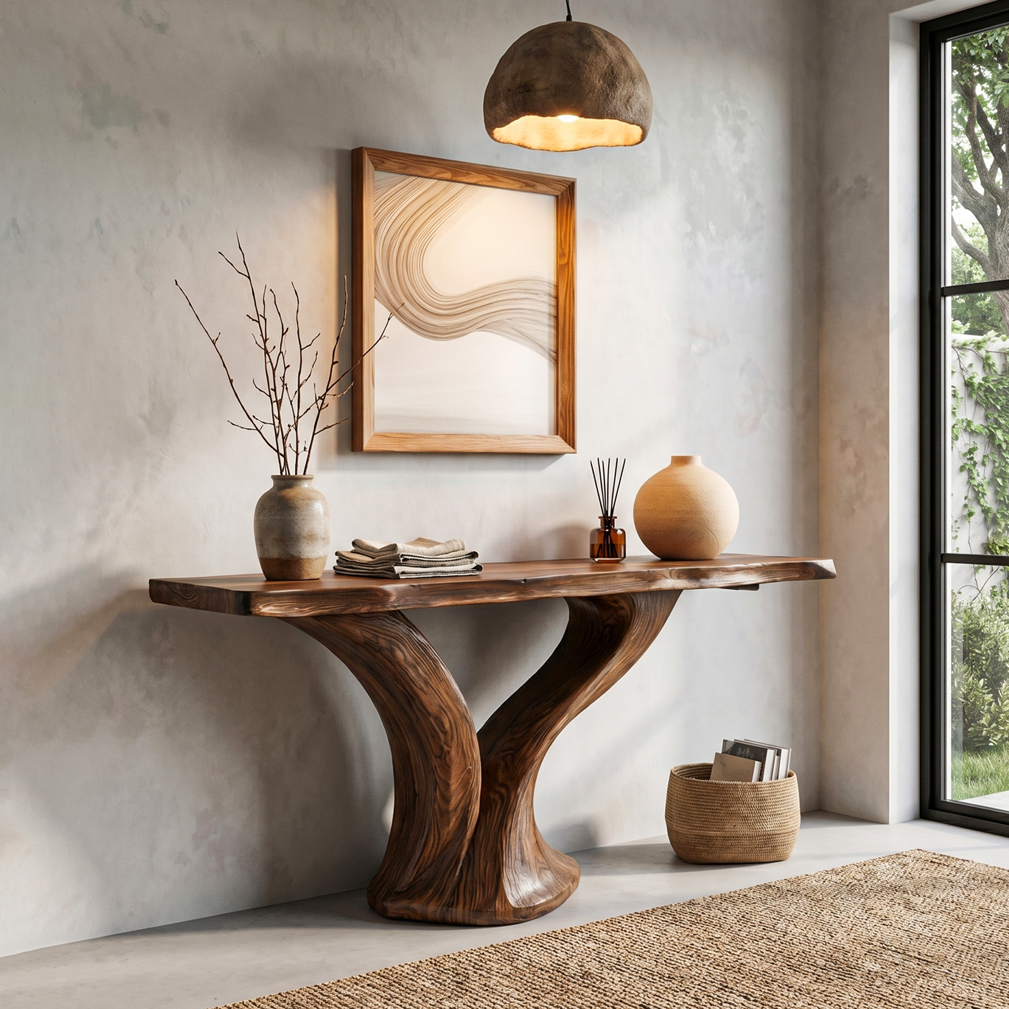 Organic Console Table With Sculptural Twin Curved Base For Entryway And Living Room SINLHACS577