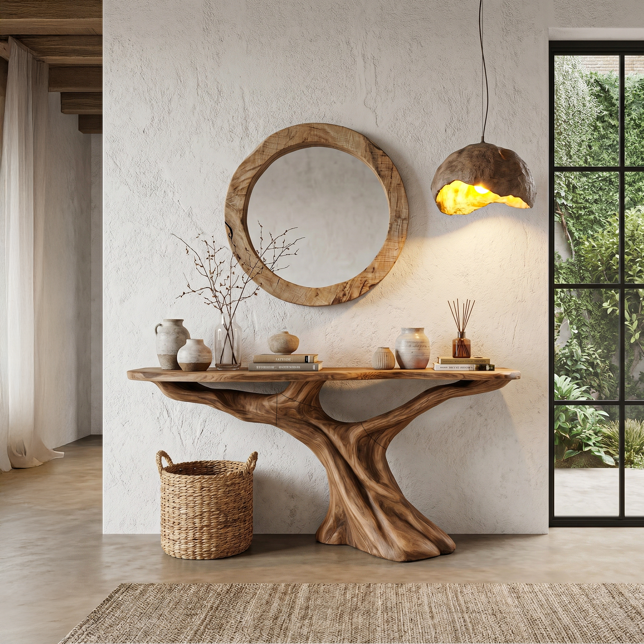 Rustic Console Table With Solid Wood Top And Root Structure For Living Room SINLHACS582