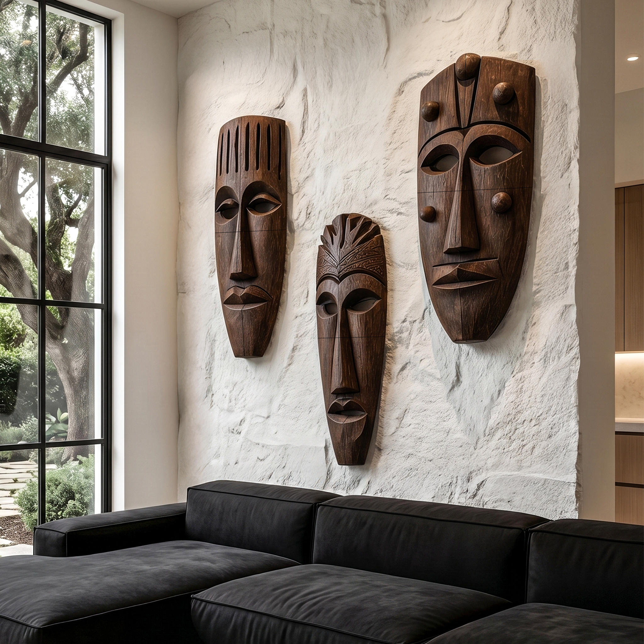 Hand Carved Wooden Wall Art Set With Tribal Mask Design For Living Room And Entryway SINLHAWD101