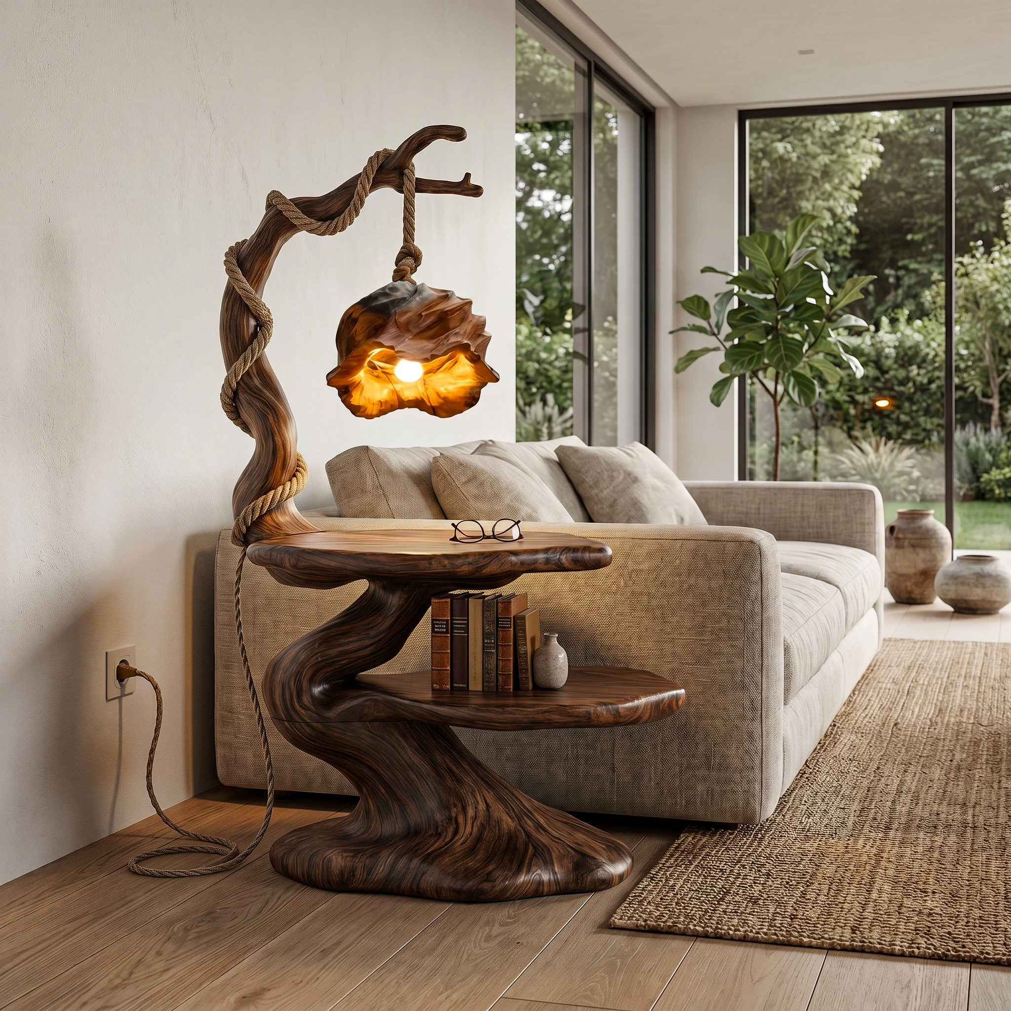 Rustic Beside Table With Tree Root Design And Hanging Lamp For Bedroom SINLHABT264