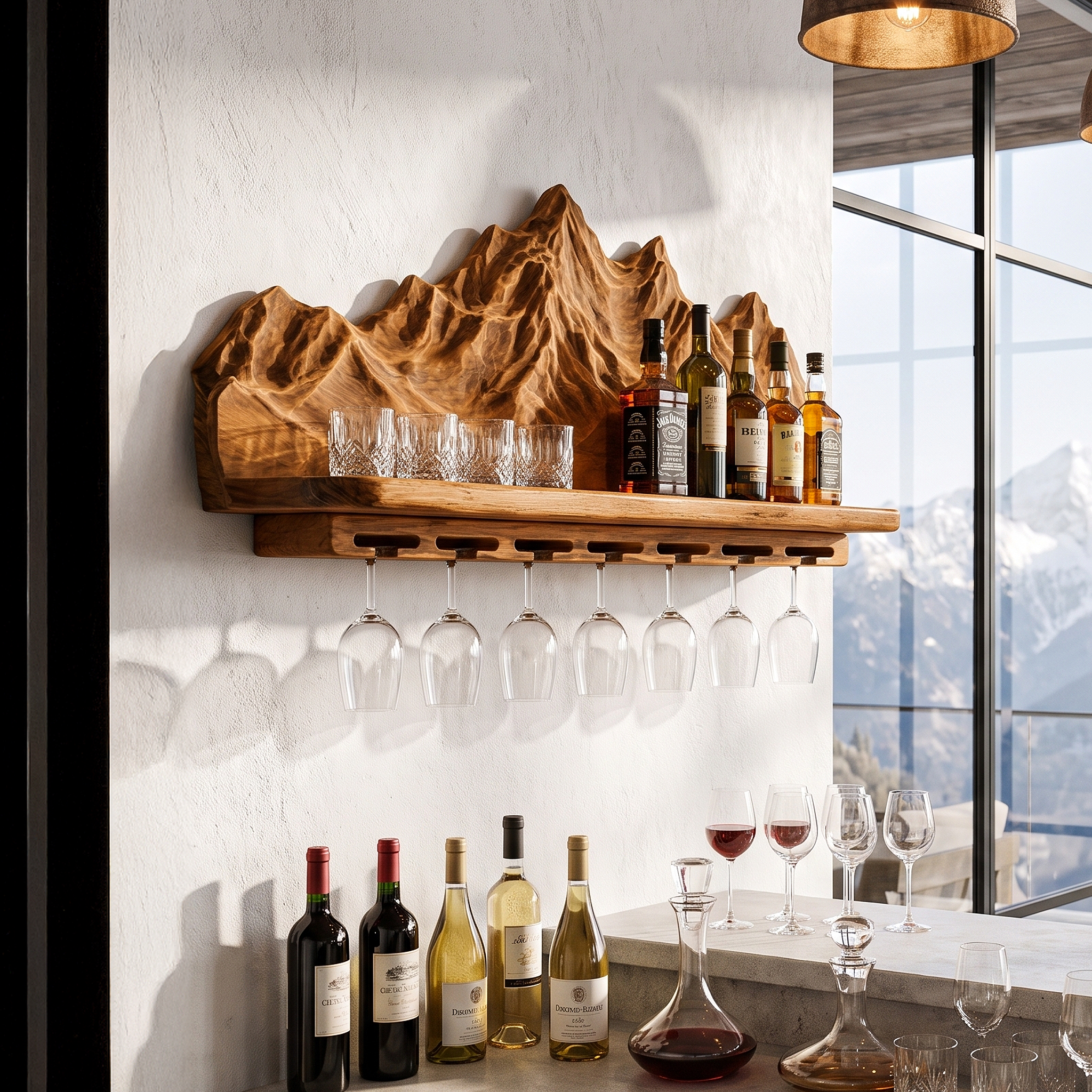 Nature Inspired Wall Wine Holder With Mountain Shelf For Home Bar SINLHAWH045