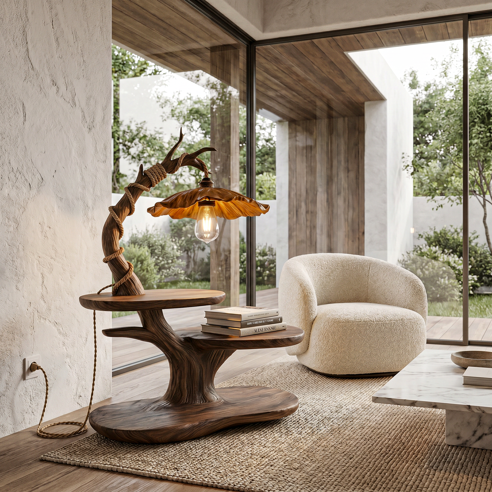 Sculptural Beside Table With Tree Branch Lamp And Open Storage Shelves For Bedroom SINLHABT265