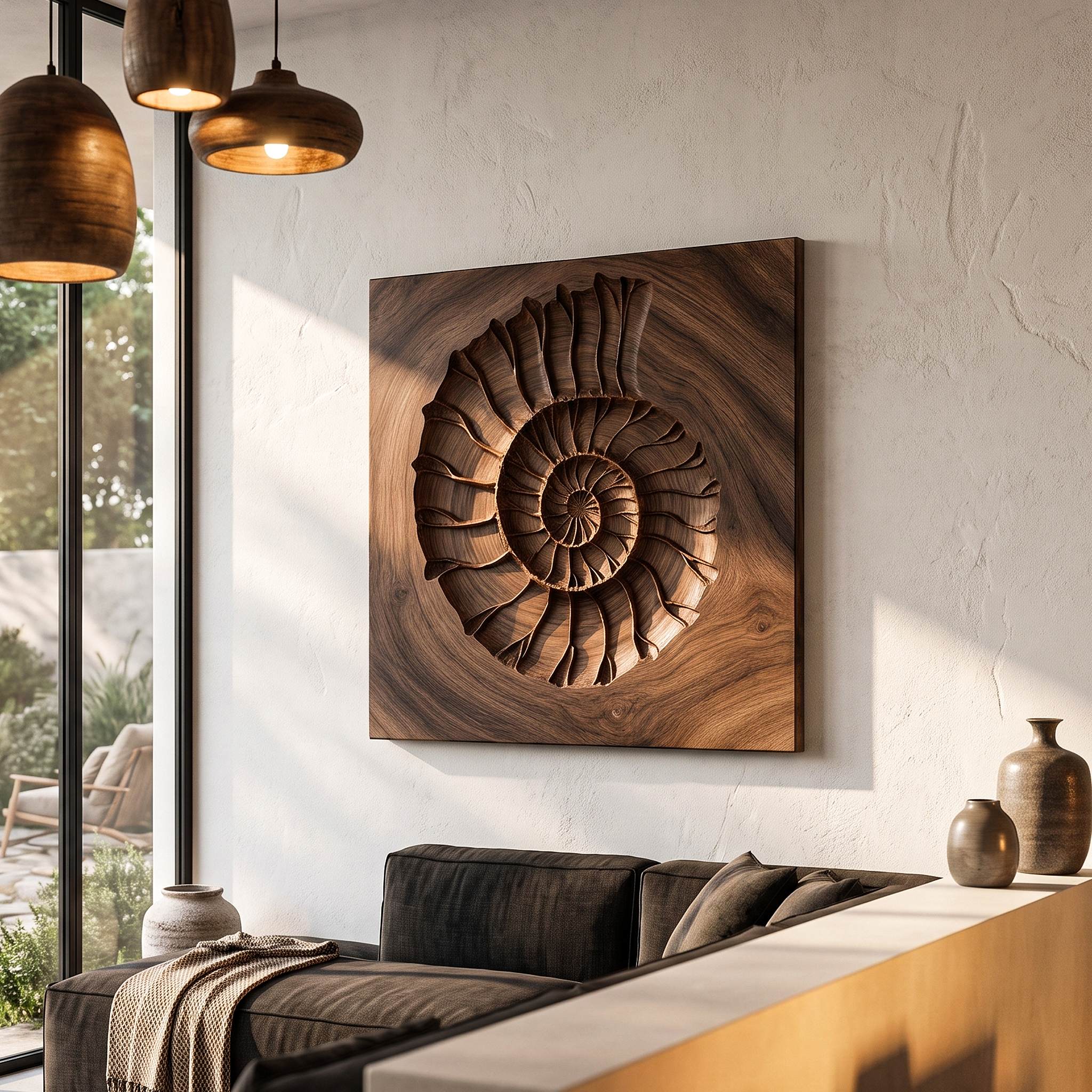 Rustic Ammonite Fossil Wooden Wall Decor For Living Room SINLHAWA136