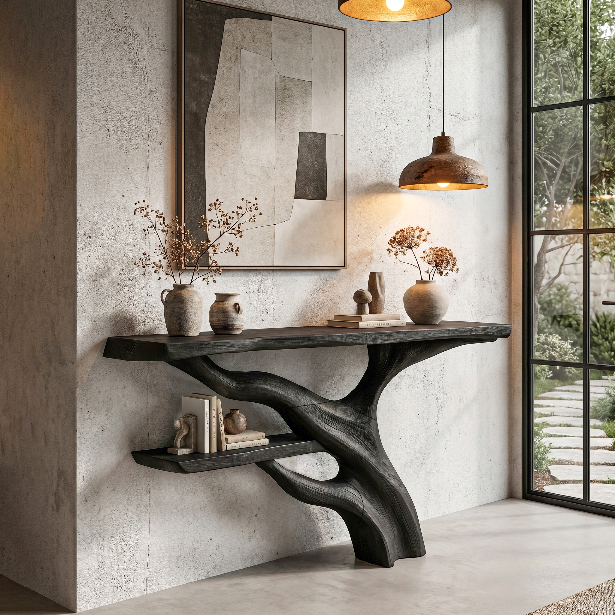 Sculptural Console Table With Abstract Branch Inspired Base And Solid Wood Top For Entryway SINLHACS588