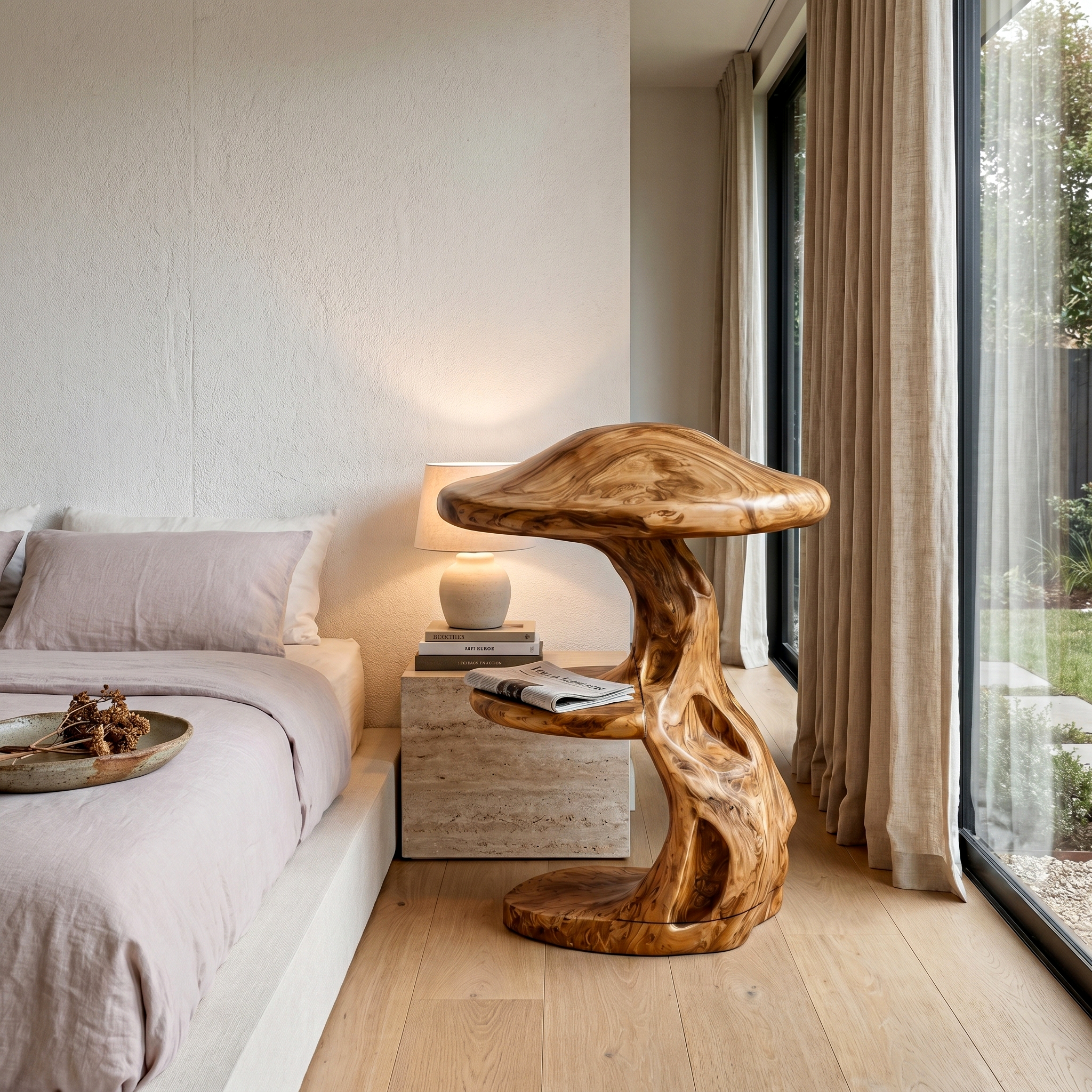 Rustic Mushroom Nightstand With Sculptural Tree Root Base And Built In Drawer For Bedroom SINLHABT260