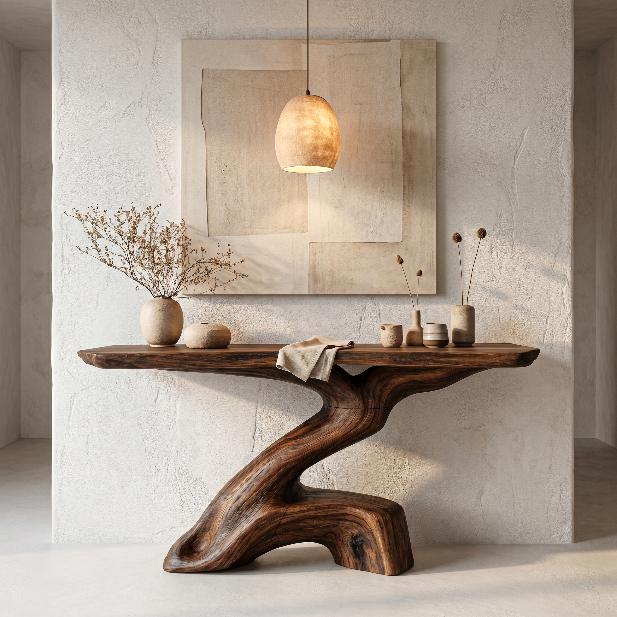Rustic Console Table With Sculptural Tree Root Base And Solid Wood Top For Entryway And Living Room SINLHACS590