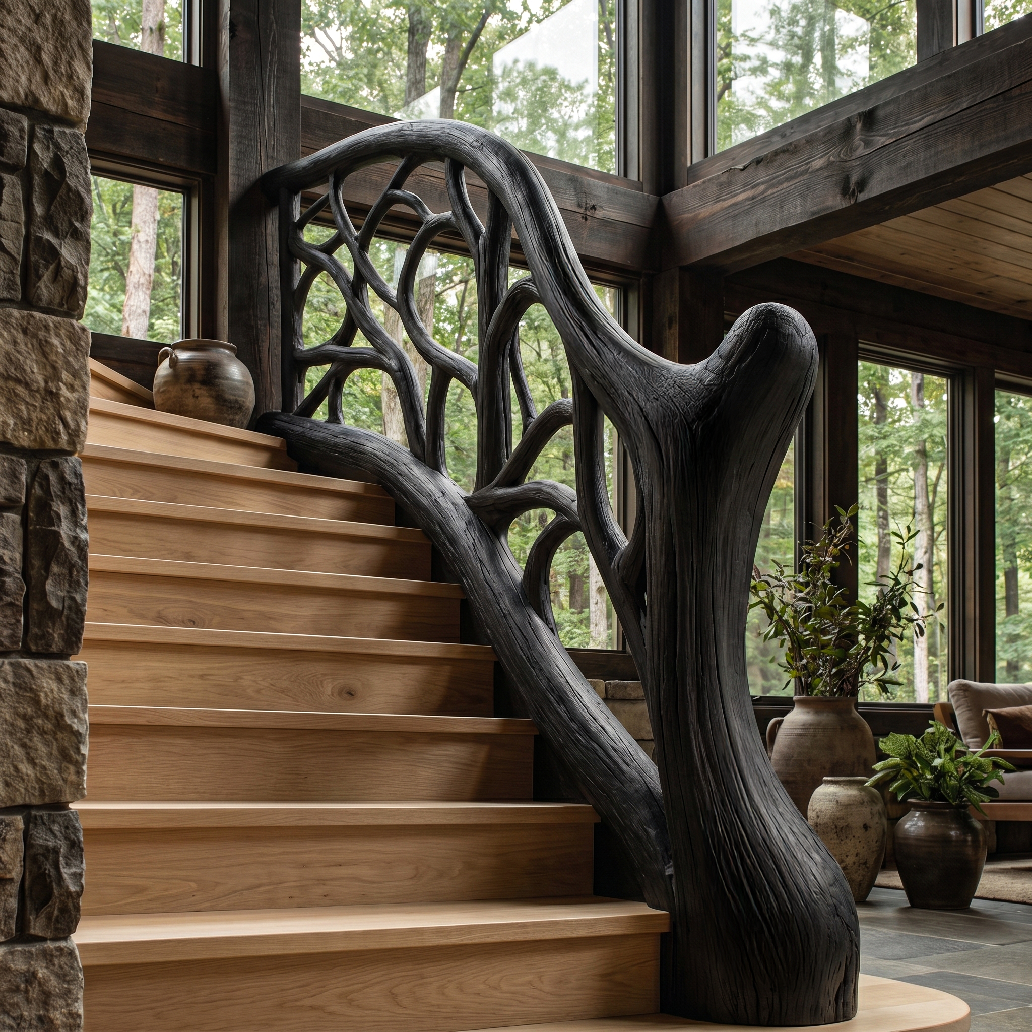 Organic Sculptural Stair Railing With Flowing Wood Design For Modern Interior SINLHAST012