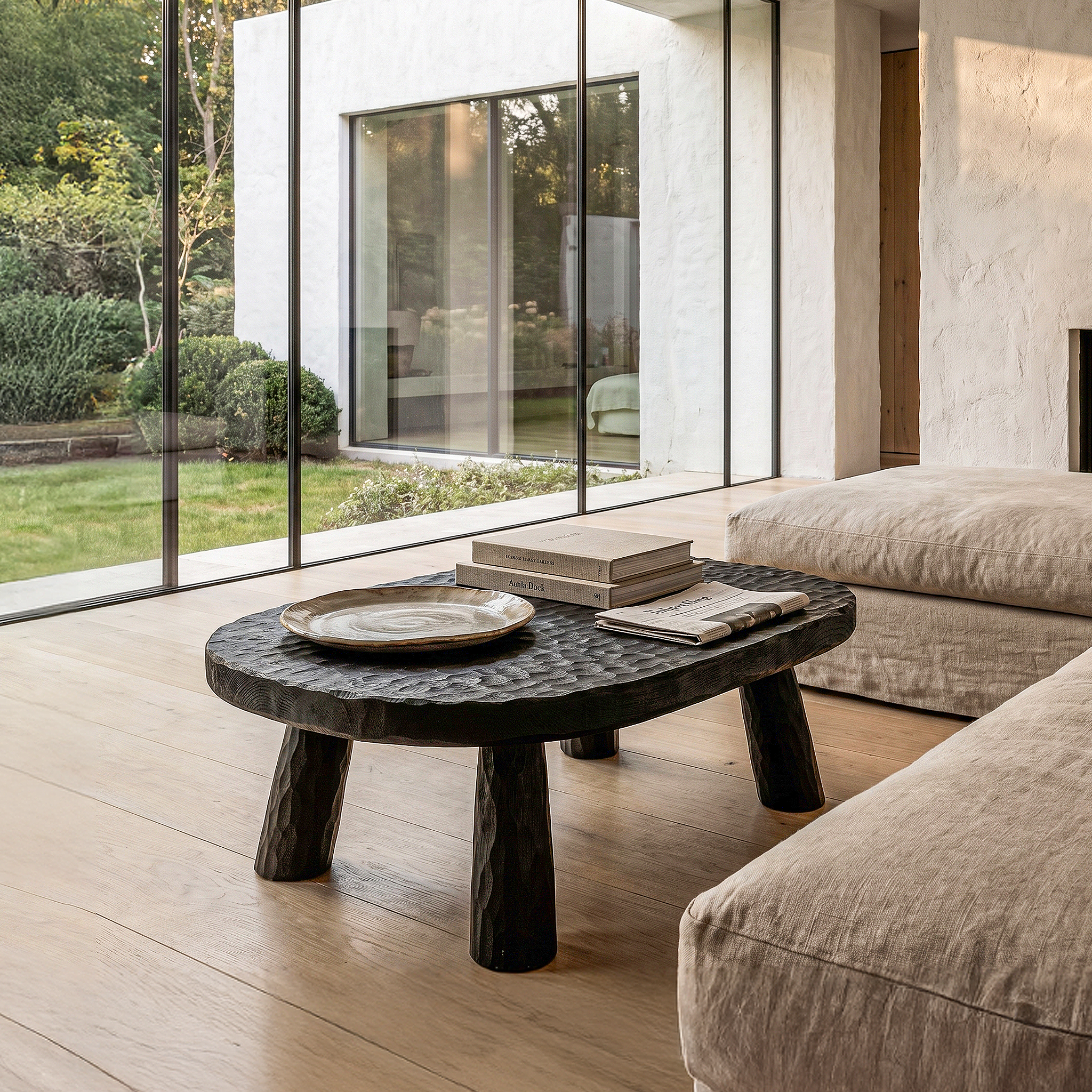 Rustic Coffee Table With Handcrafted Solid Wood Top And Chunky Pedestal Legs For Living Room SINLHACF382