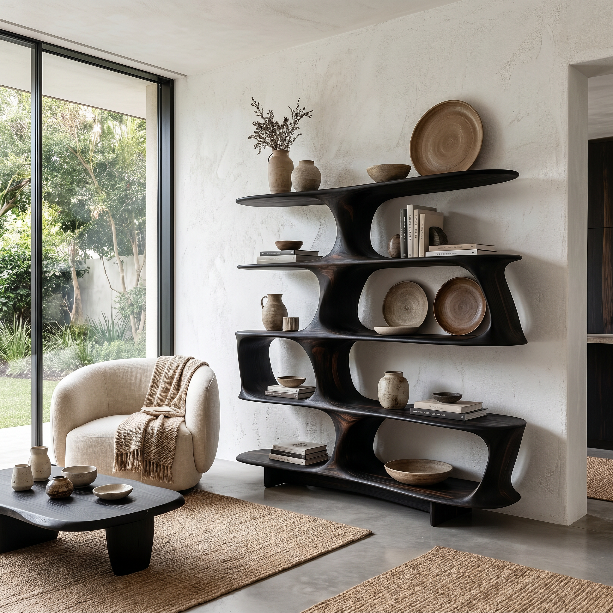 Organic Tree Bookshelf With Sculptural Curved Shelves And Open Display Storage For Living Room SINLHABS039