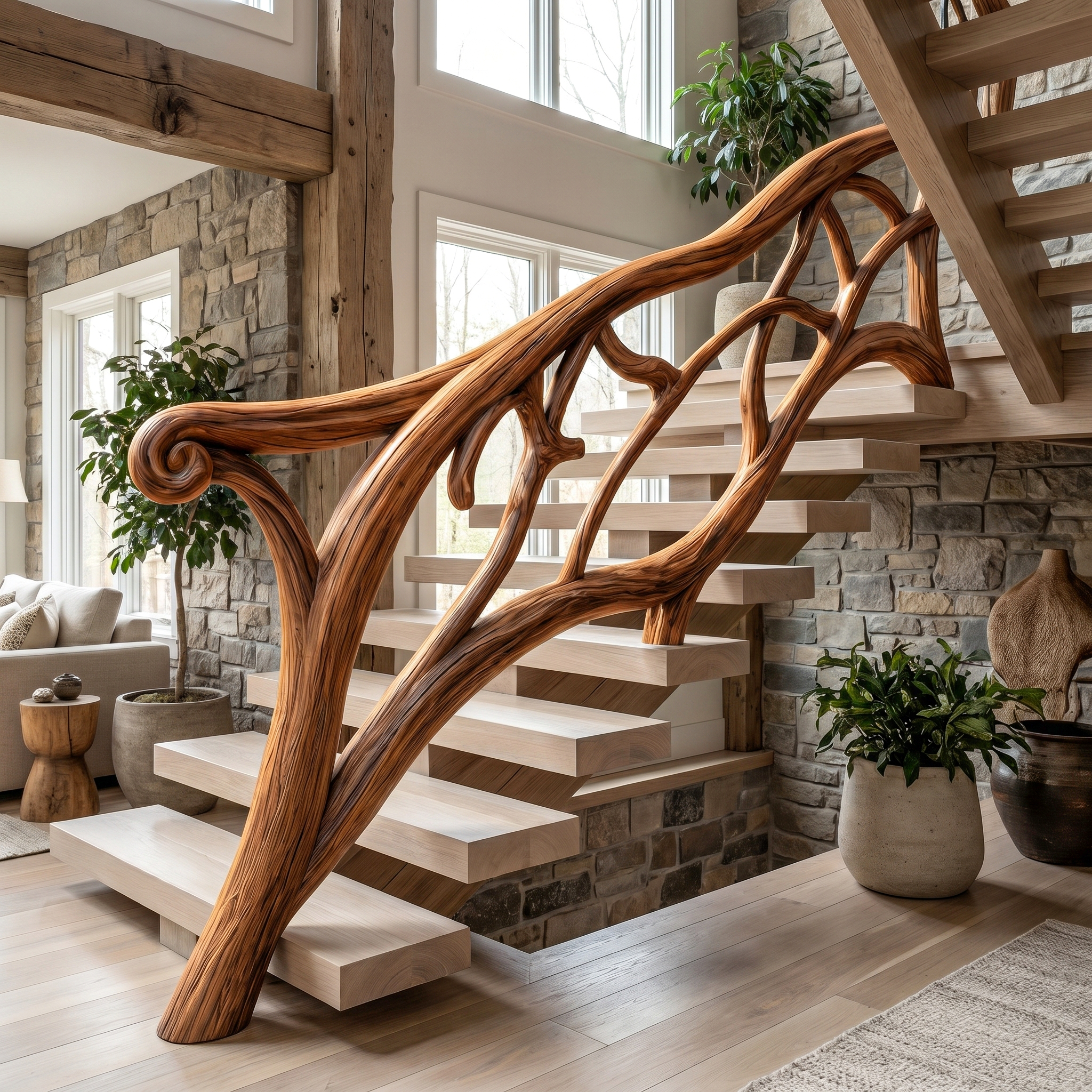 Artistic Tree Branch Stair Railing With Sculptural Wood Design For Interior Staircase SINLHAST014