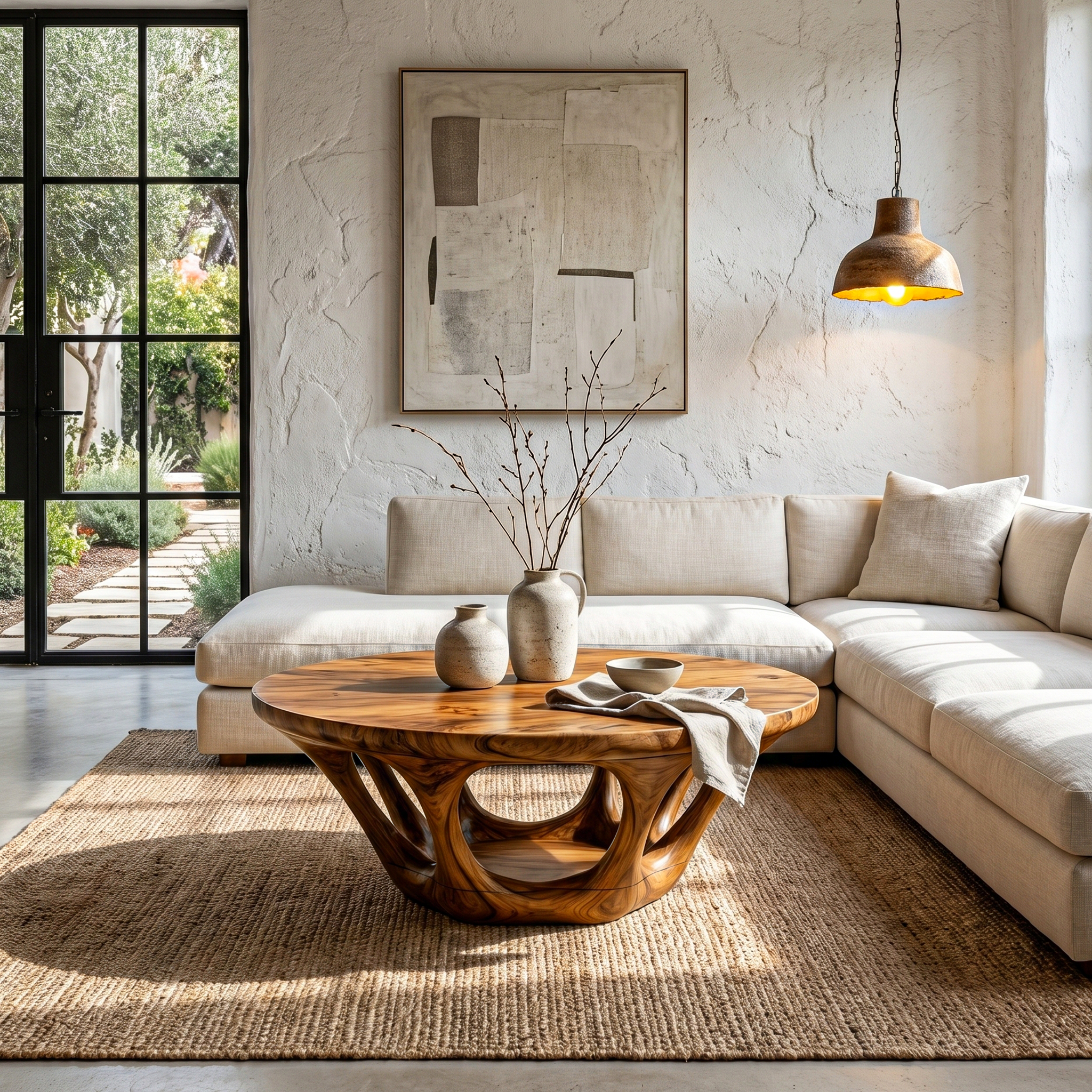 Rustic Coffee Table With Sculptural Interlocking Wood Base For Living Room SINLHACF368