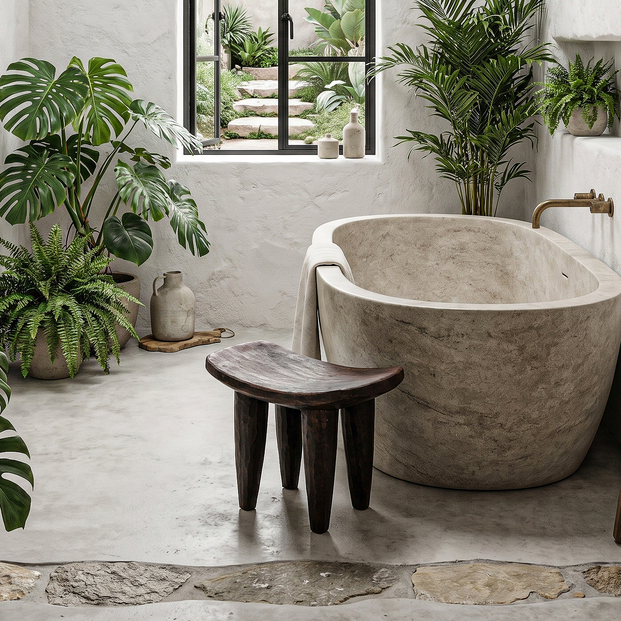 Rustic Wooden Stool With Artistic Solid Wood Form For Bathroom SINLHAWS008