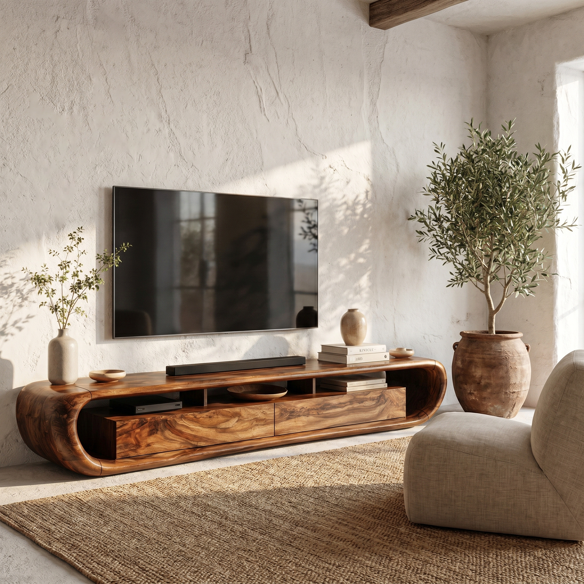 Organic TV Cabinet With Built In Storage And Rounded Curved Edges For Living Room SINLHATC037