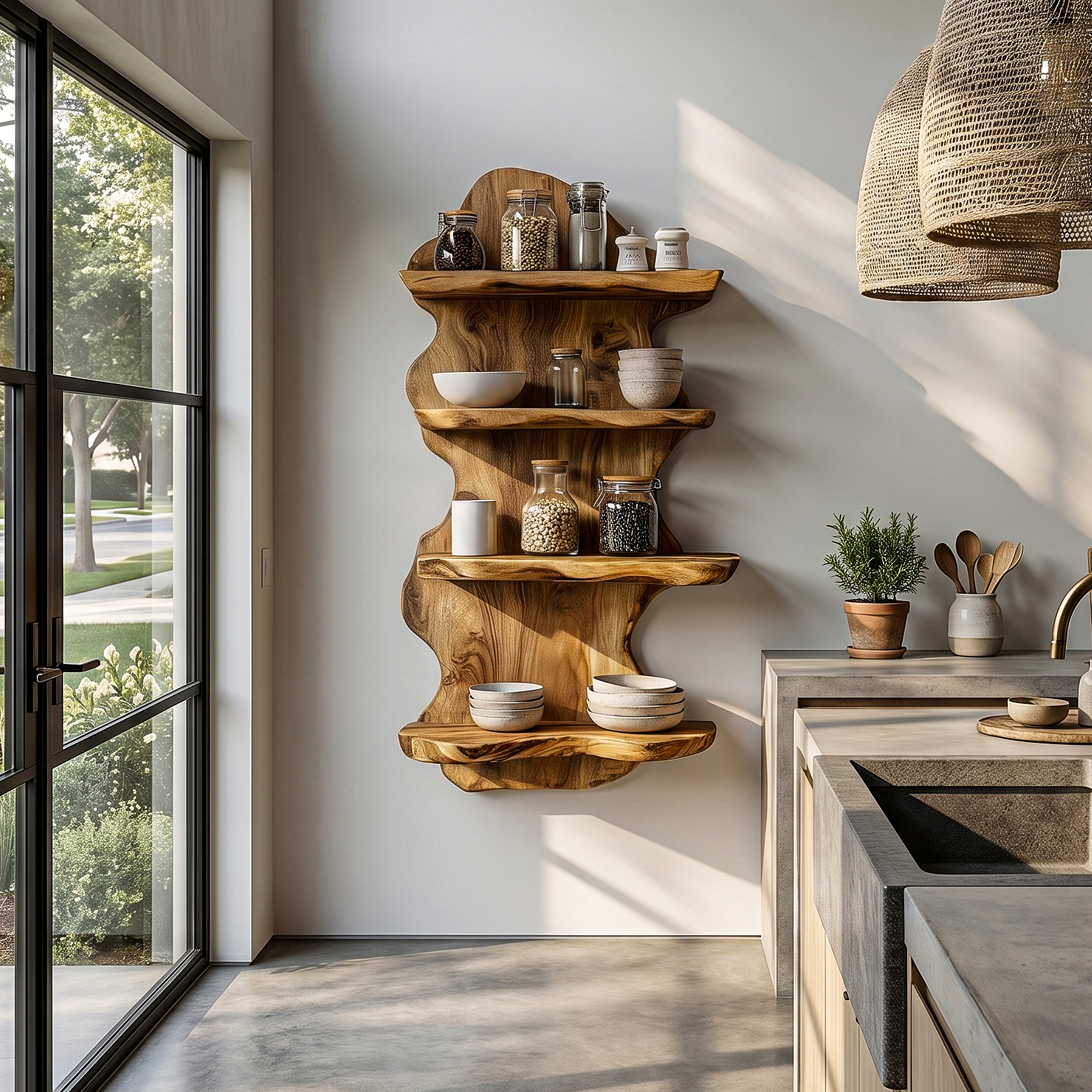 Sculptural Floating Shelf With Organic Wooden Form For Living Room And Kitchen SINLHAFL553