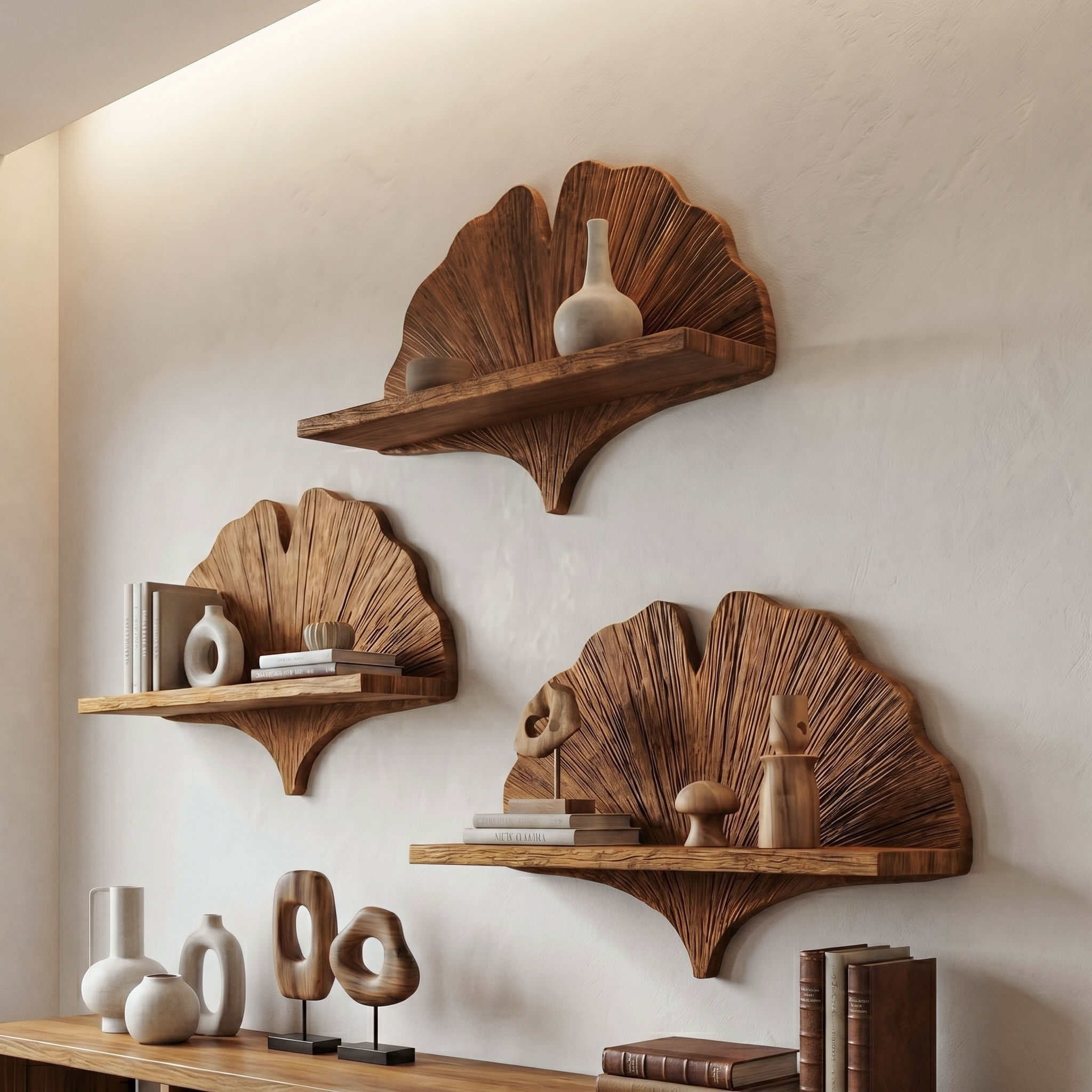 Fan Shape Wall Shelf Wooden Floating Shelf Wall Mounted Shelf For Living Room And Bedroom Decor SINLHAFL531