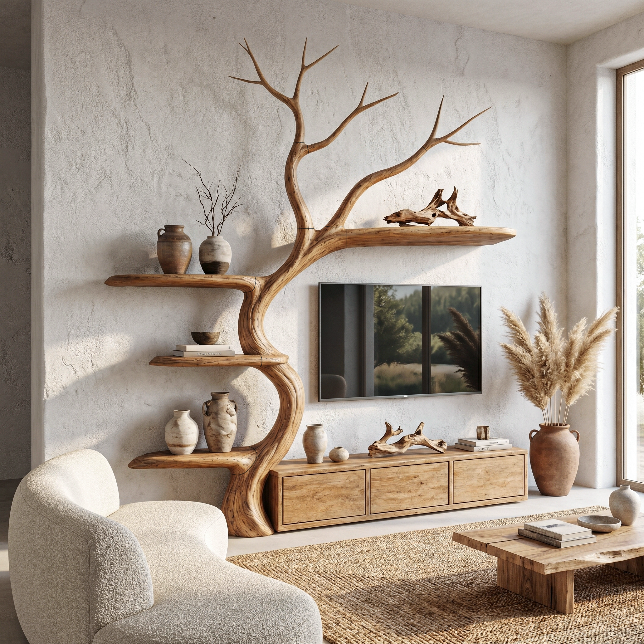 Rustic Tree Branch TV Cabinet With Integrated Display Shelves For Living Room SINLHATC039