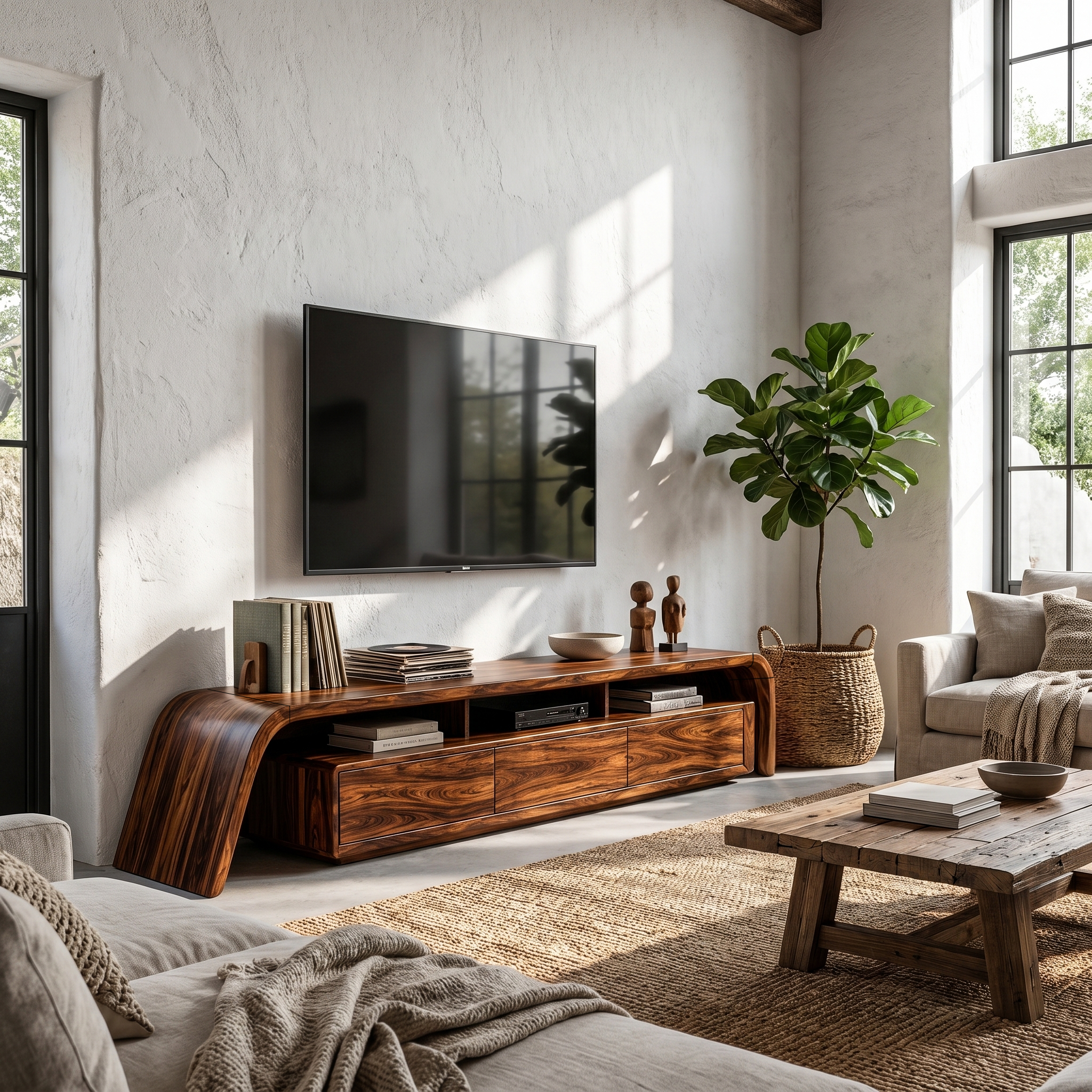 Modern TV Cabinet With Built In Storage And Rounded Curved Edges For Living Room SINLHATC040