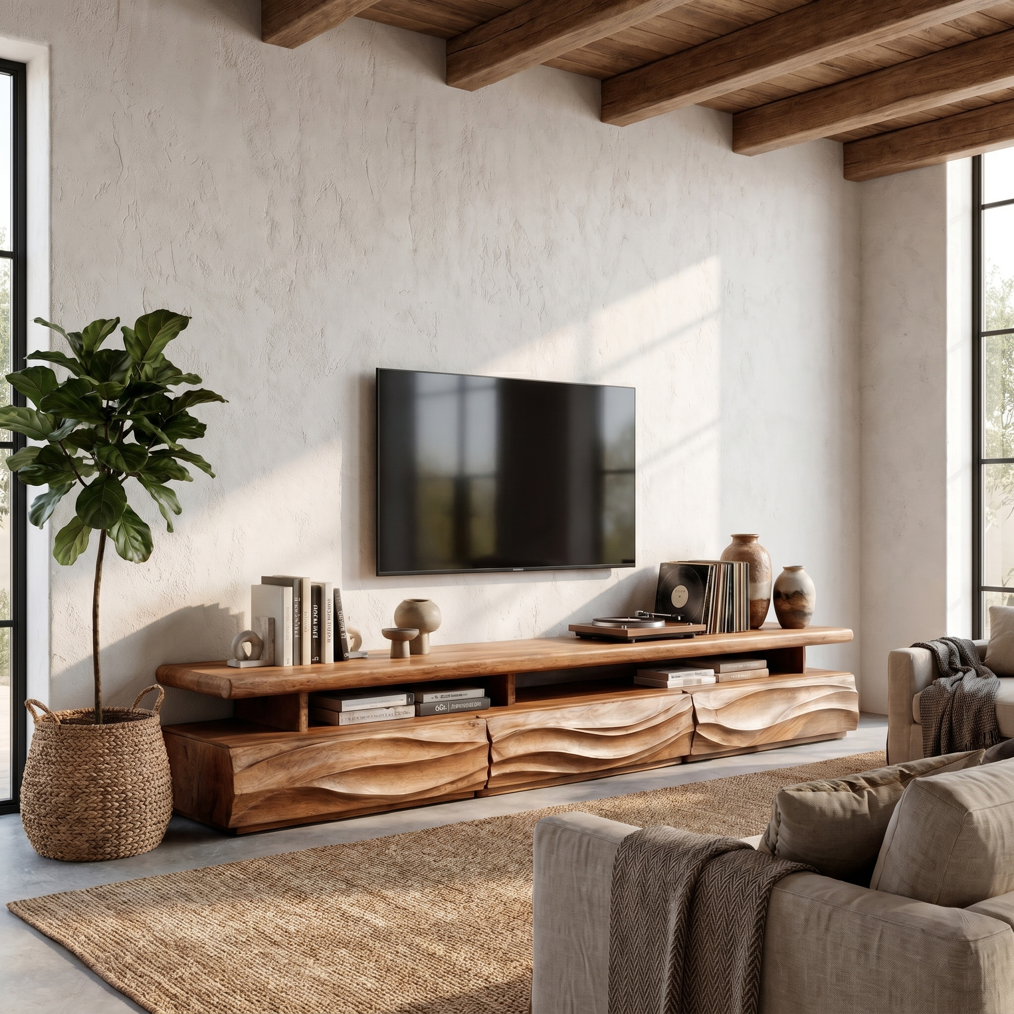 Rustic TV Cabinet With Open Storage Shelf And Wave Front Drawers For Living Room SINLHATC042