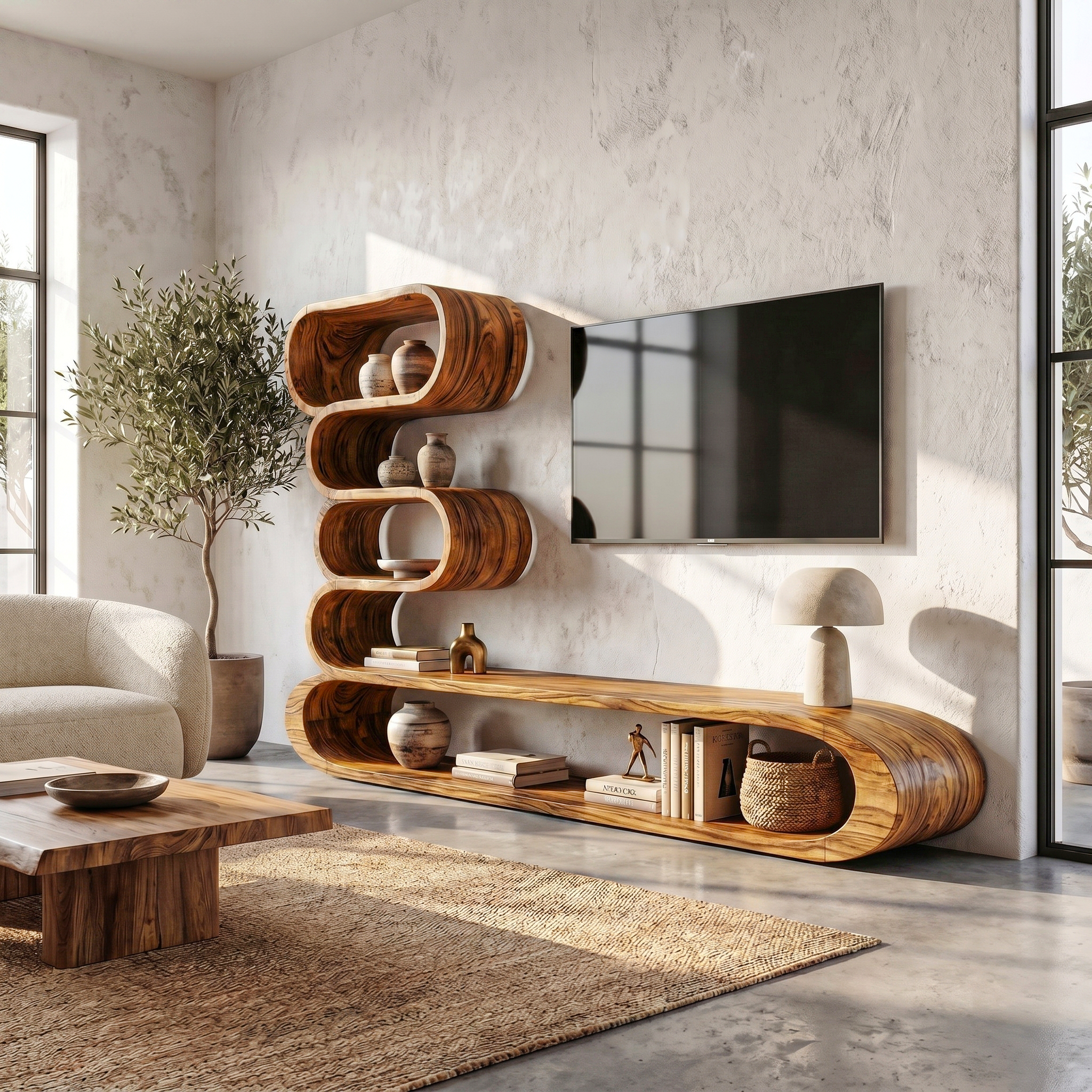 Organic TV Cabinet With Integrated Display Shelves And Rounded Storage Design For Living Room SINLHATC044
