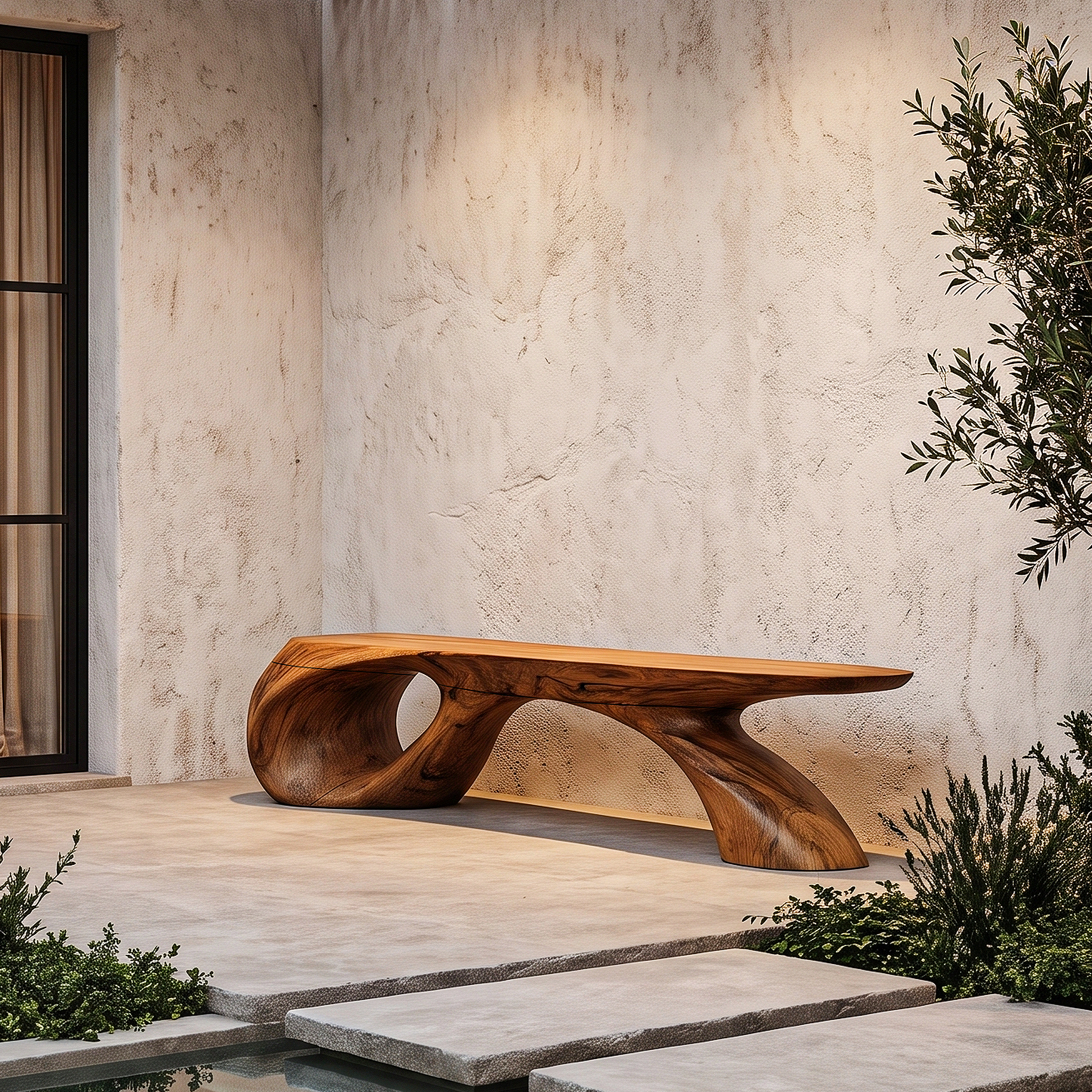 Organic Wood Bench With Sculptural Tree Branch Design For Garden And Patio SINLHABEN135