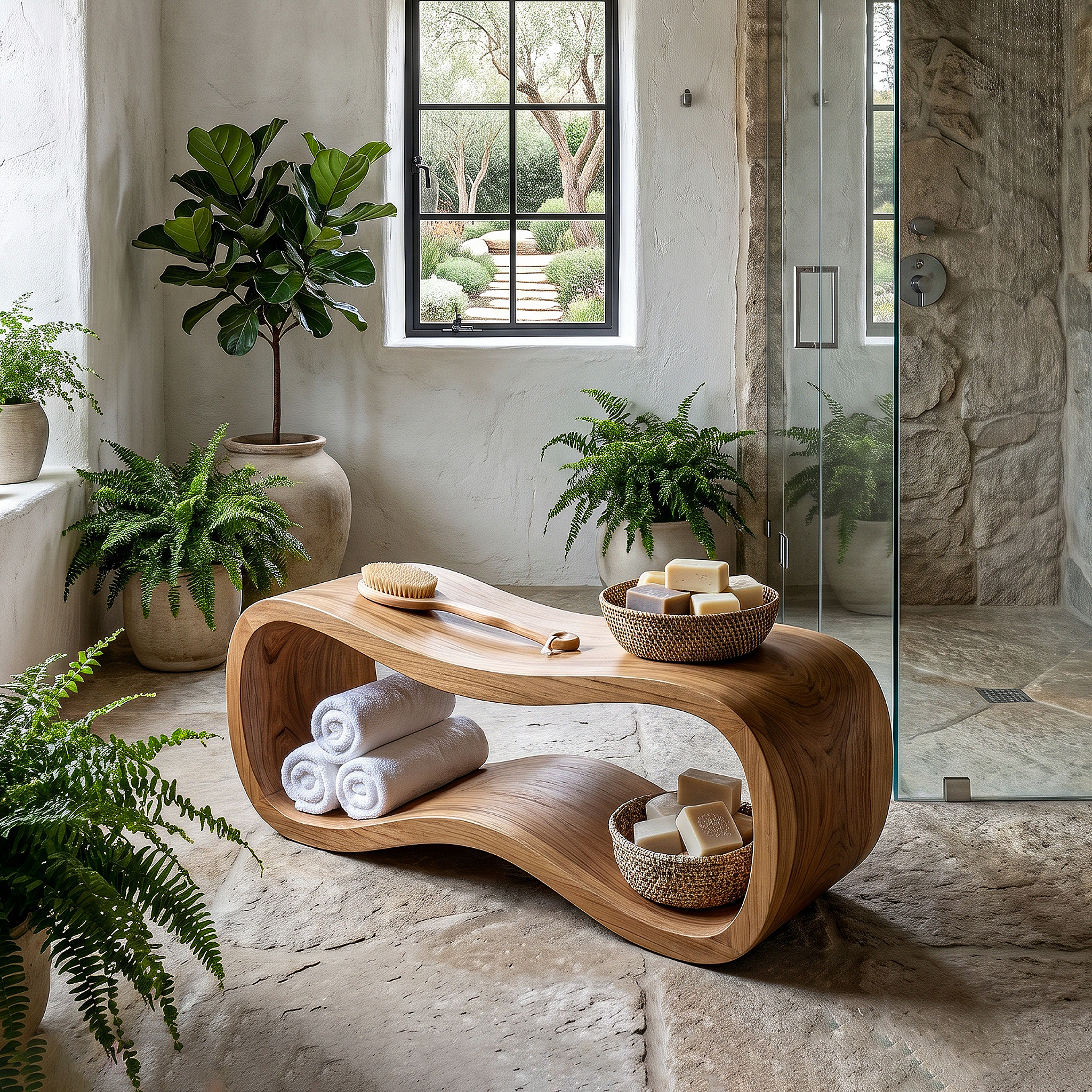 Sculptural Wooden Shower Bench For Bathroom SINLHARS124
