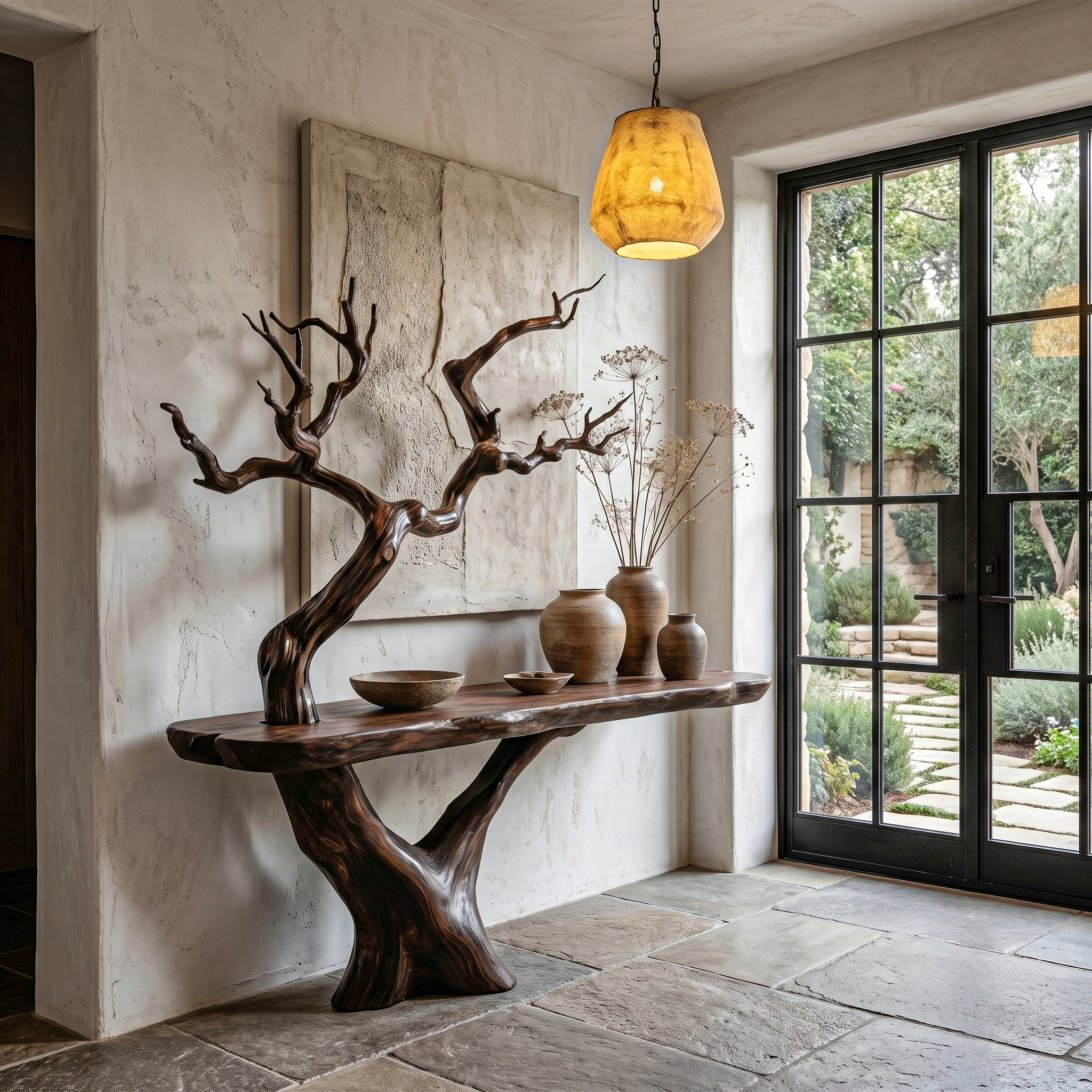 Rustic Console Table With Sculptural Tree Branch Base And Live Edge Wood Top For Entryway And Living Room SINLHACS613