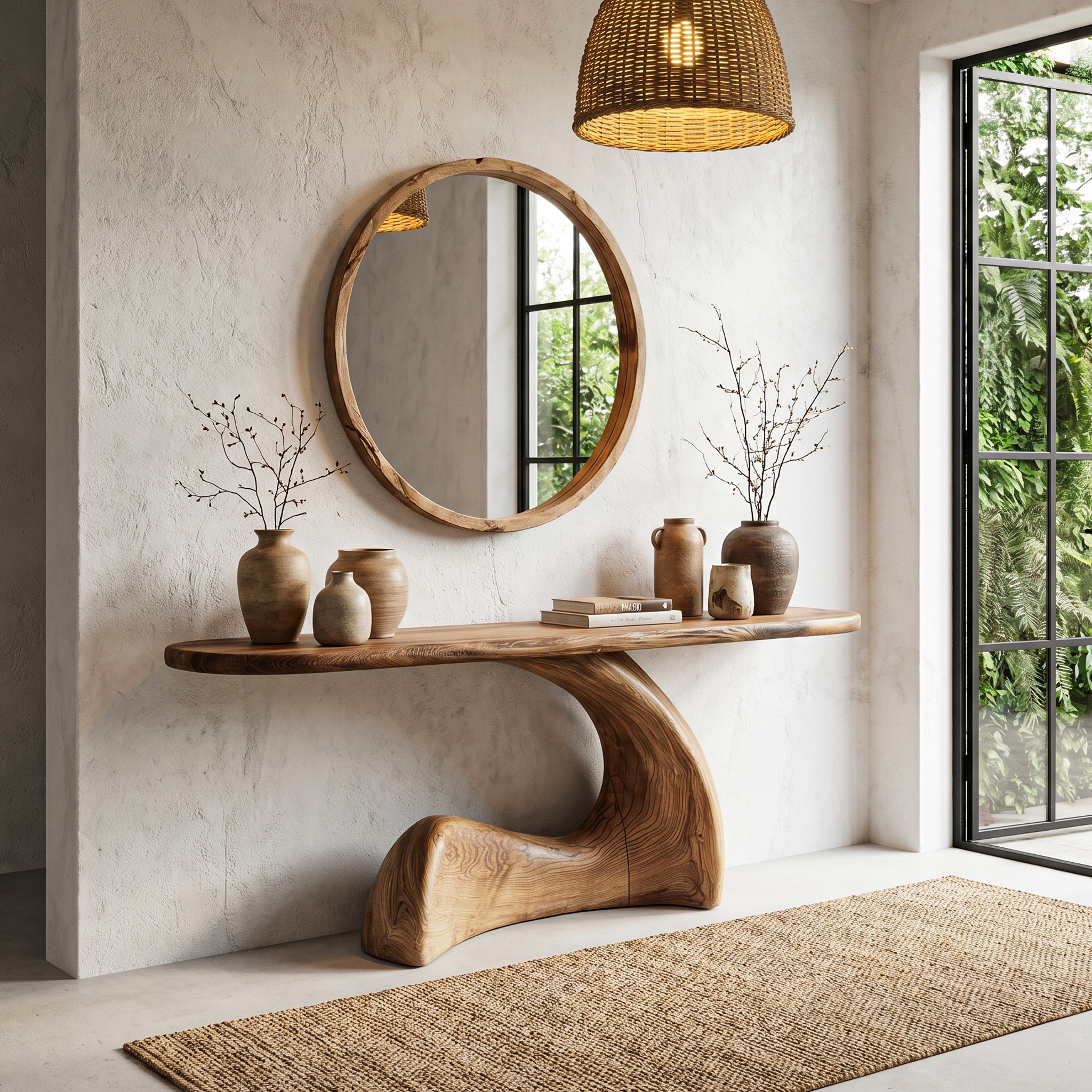 Organic Console Table With Sculptural Curved Wood Base For Entryway And Living Room SINLHACS583
