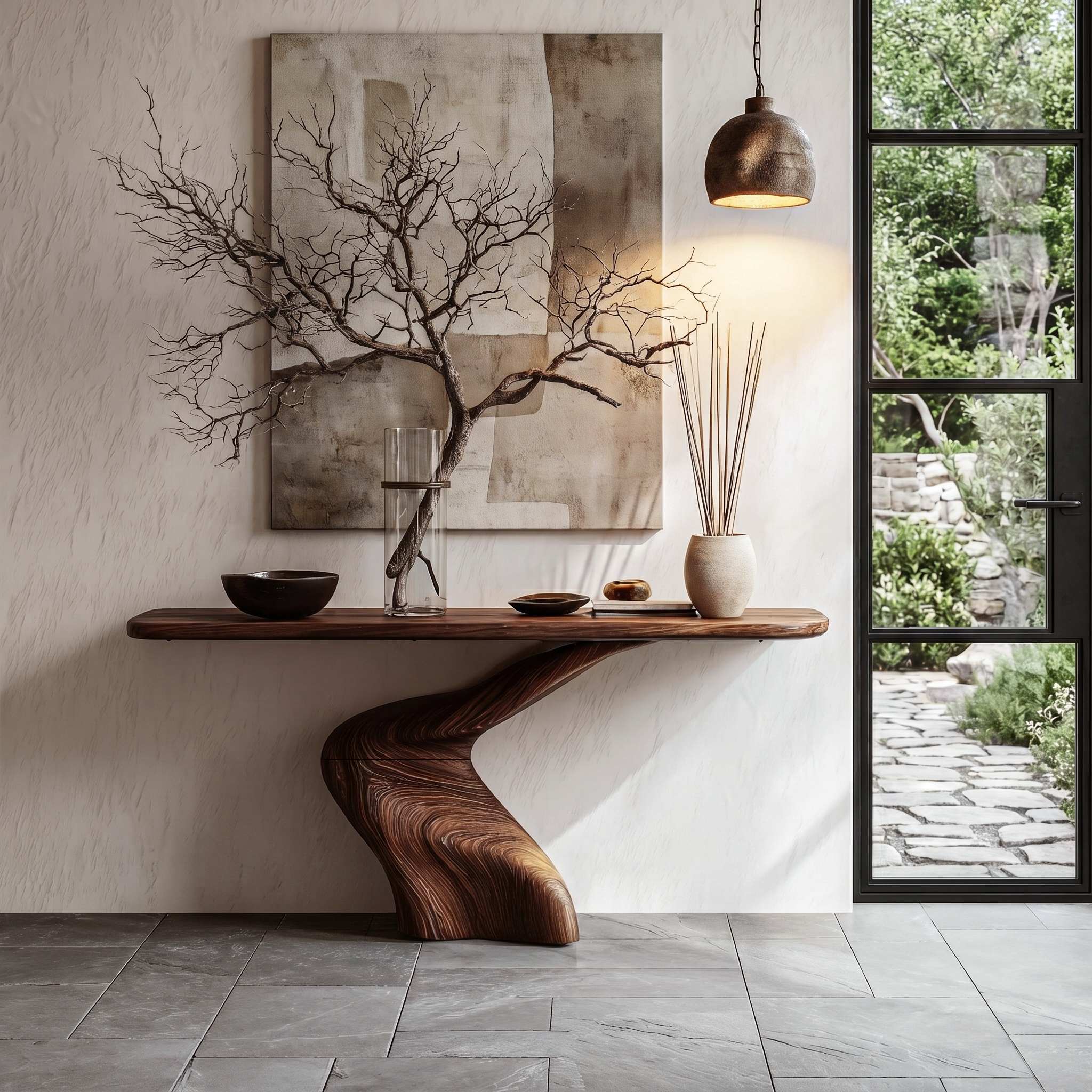 Organic Console Table With Sculptural Twisted Solid Wood Base For Entryway And Living Room SINLHACS617