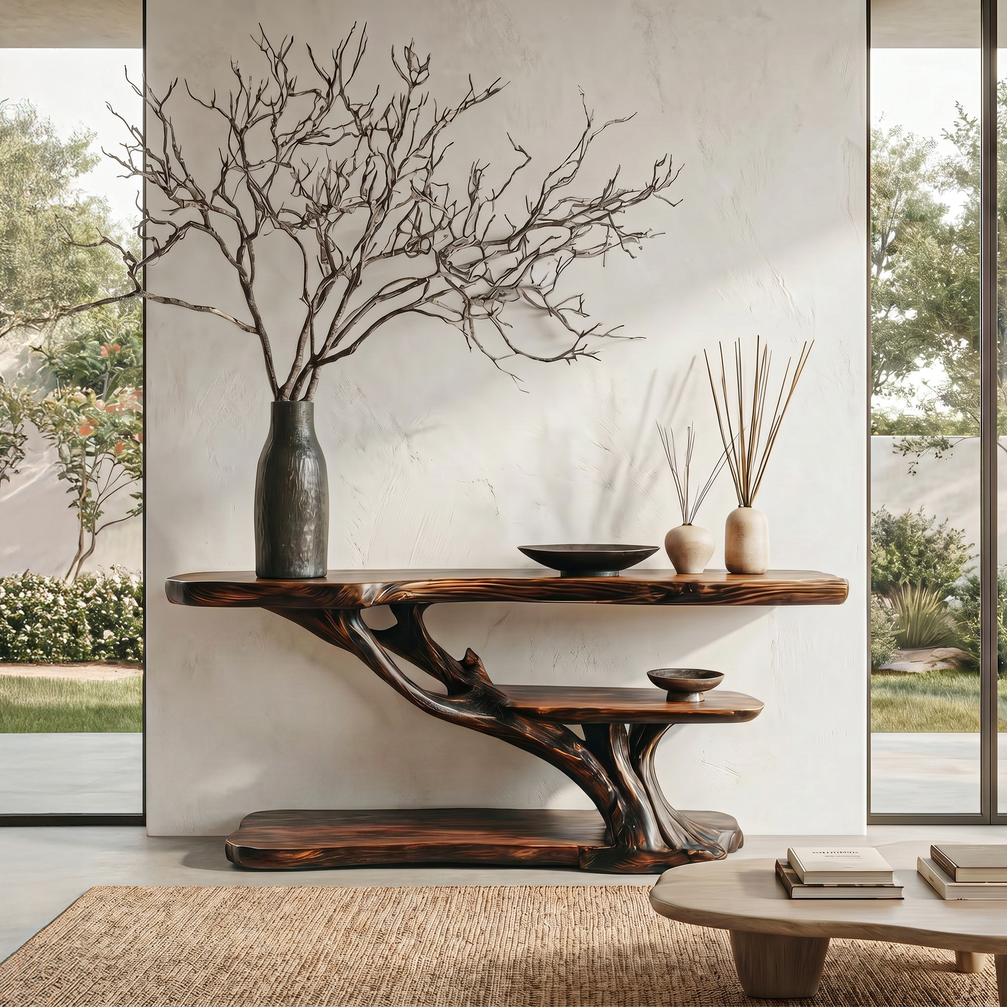 Organic Sculptural Console Table With Handcrafted Wood Base For Hallway SINLHACS618